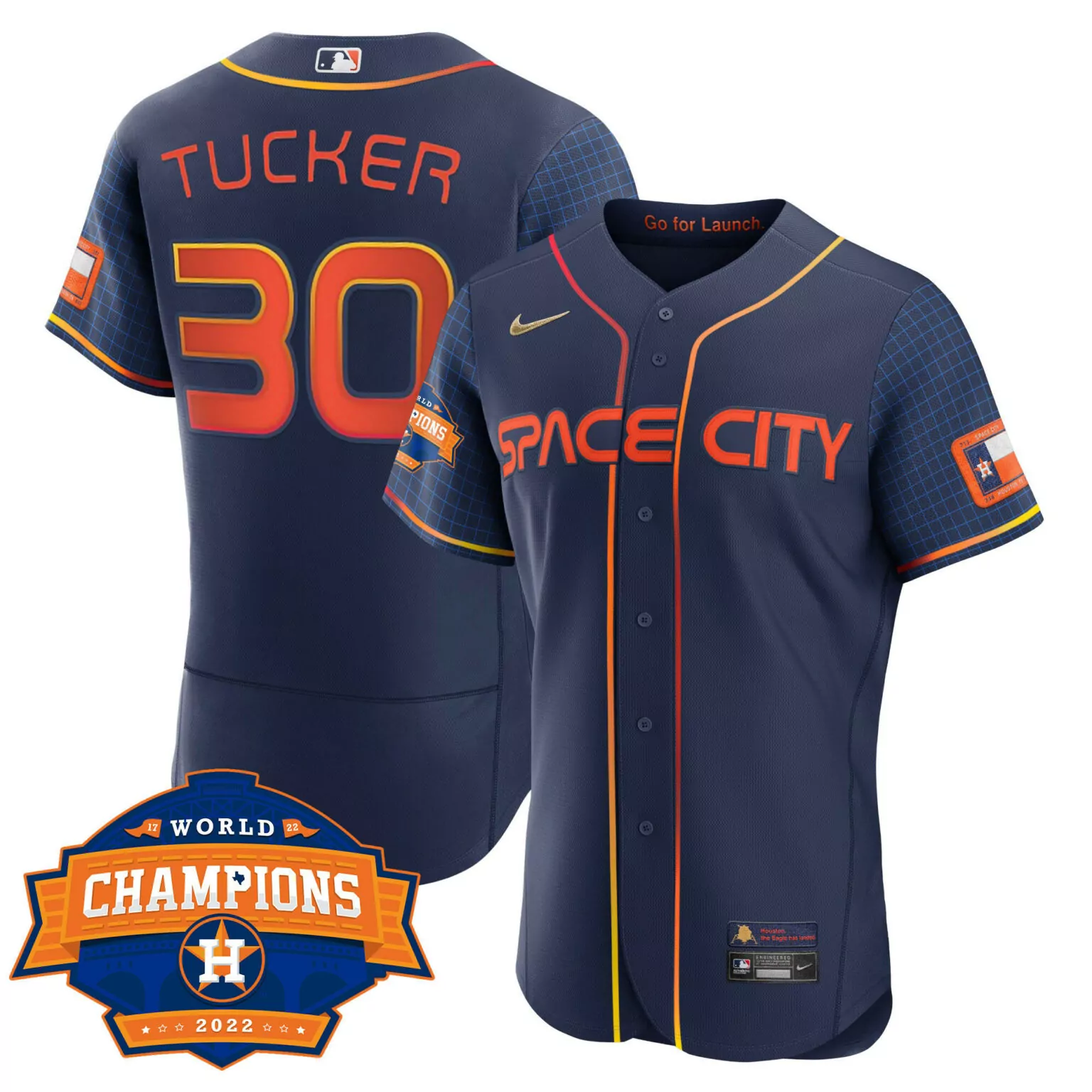 Kyle Tucker 30 Houston Astros Jersey Navy Blue Space City World Champions 2022 Men