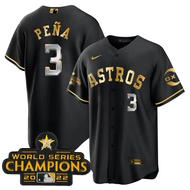 Peña 3 Astros Jersey Black World Series Champions 2022 Men Gold Silver Cool Base