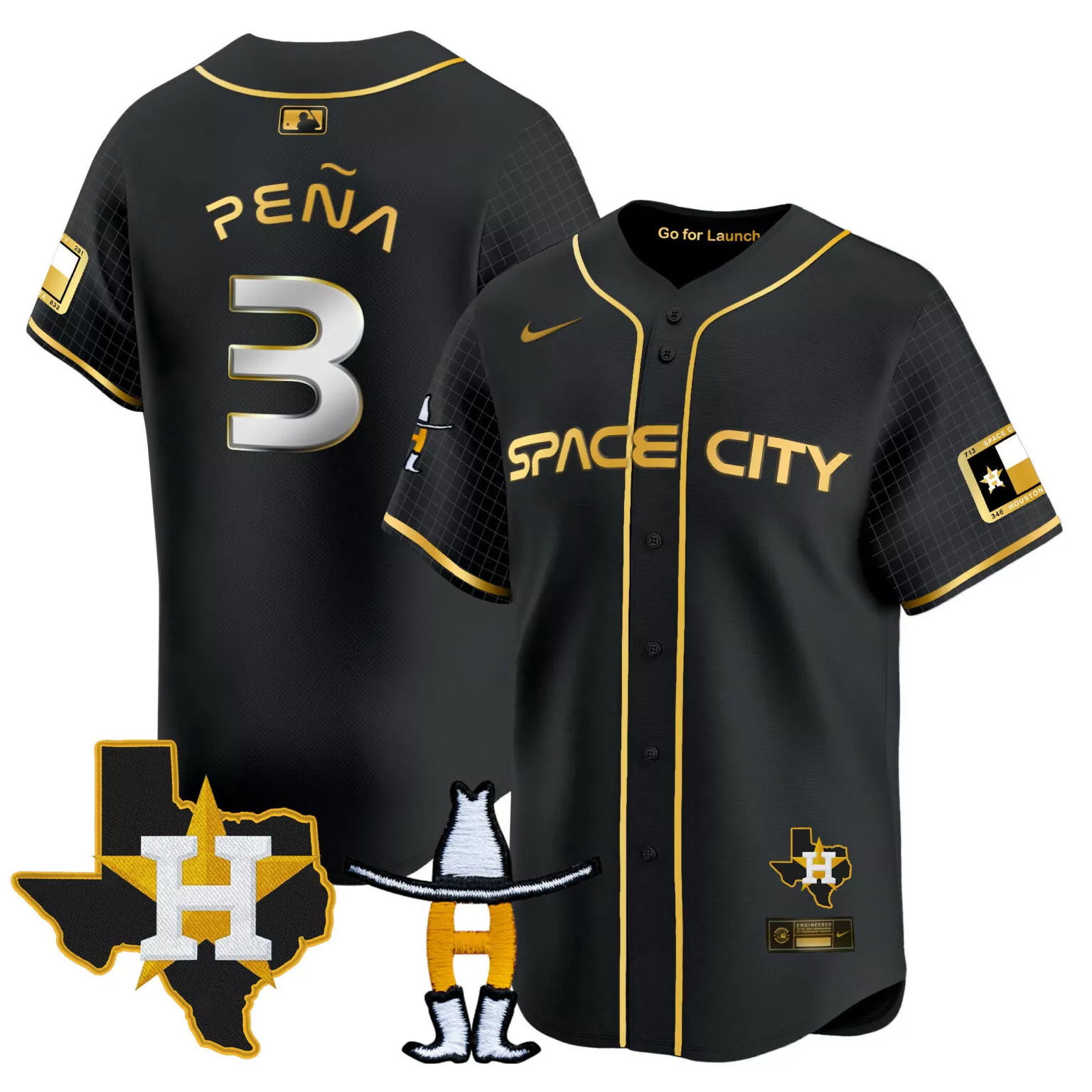 Jeremy Pena 3 Houston Astros Jersey Black Space City Texas State 'h' Astronaut/cowboy Character