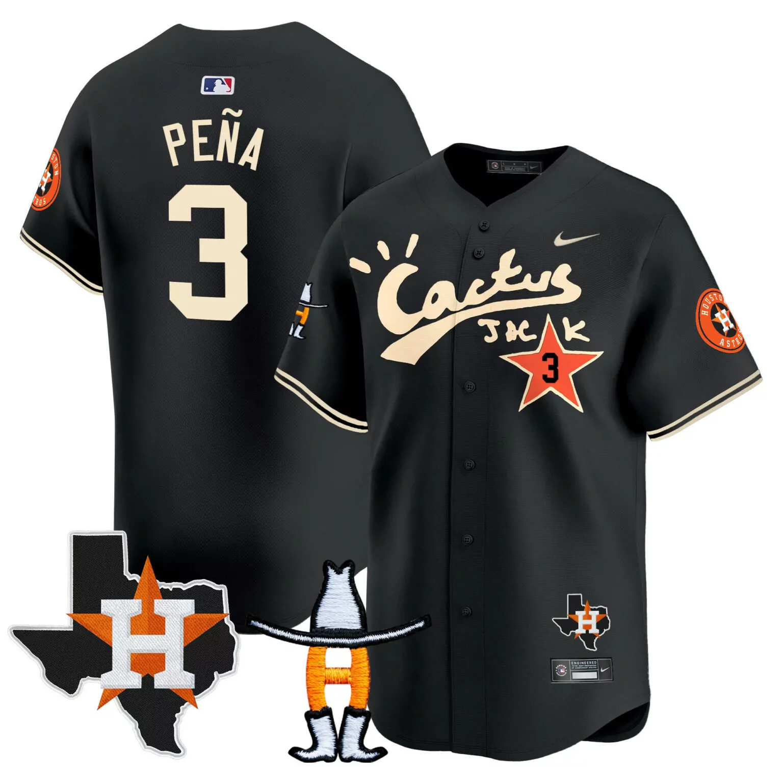 Jeremy Pena 3 Houston Astros Jersey Black Cactus Jack Texas State Cowboy Hat 2023