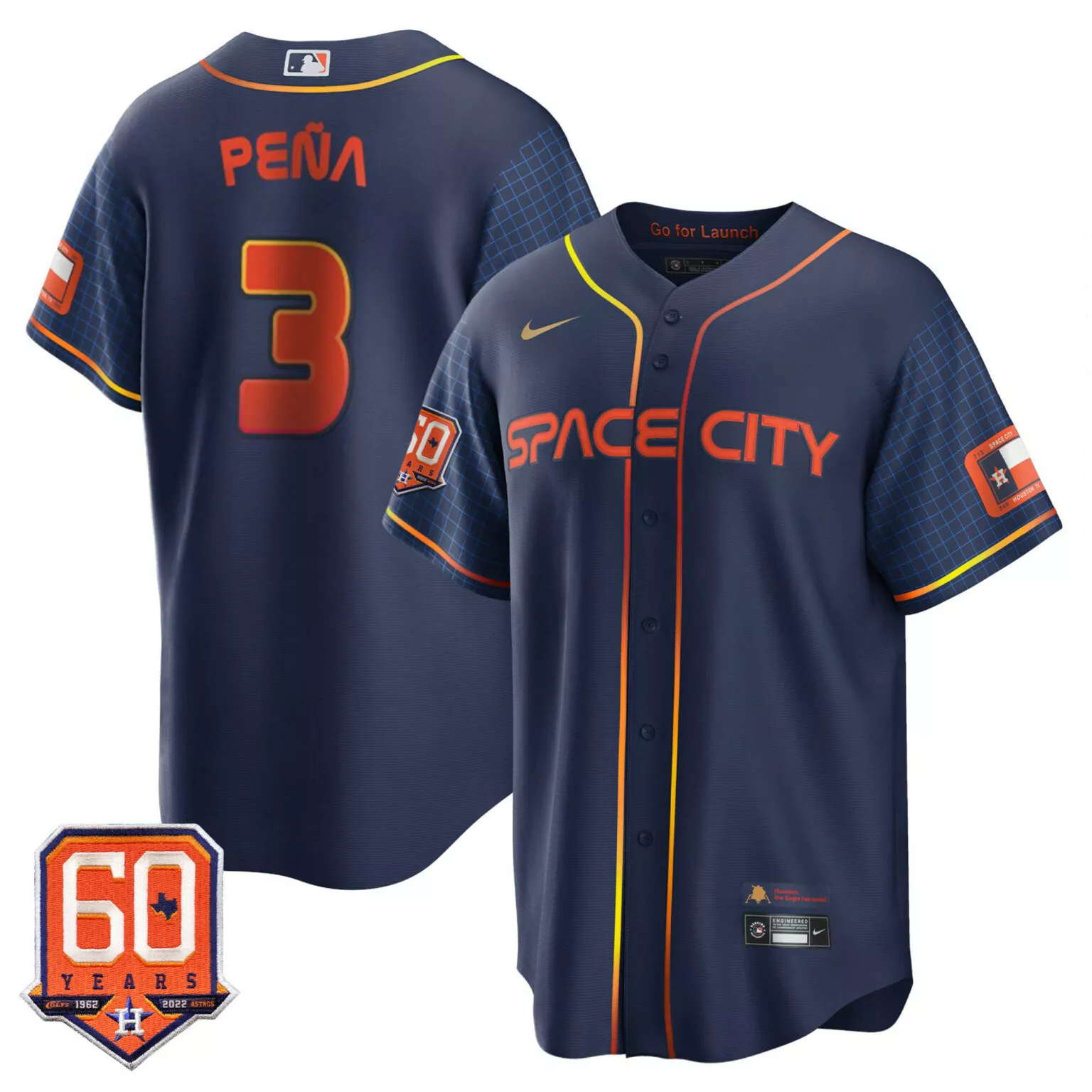 Jeremy Pena 3 Astros Jersey Navy Space City Houston Texas 2022 Men Orange Yellow