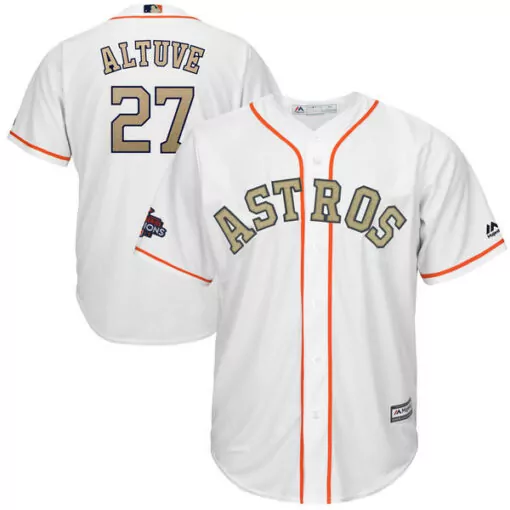 Jose Altuve 27 Astros Jersey White World Series Champions Men Orange Gold Cool Base