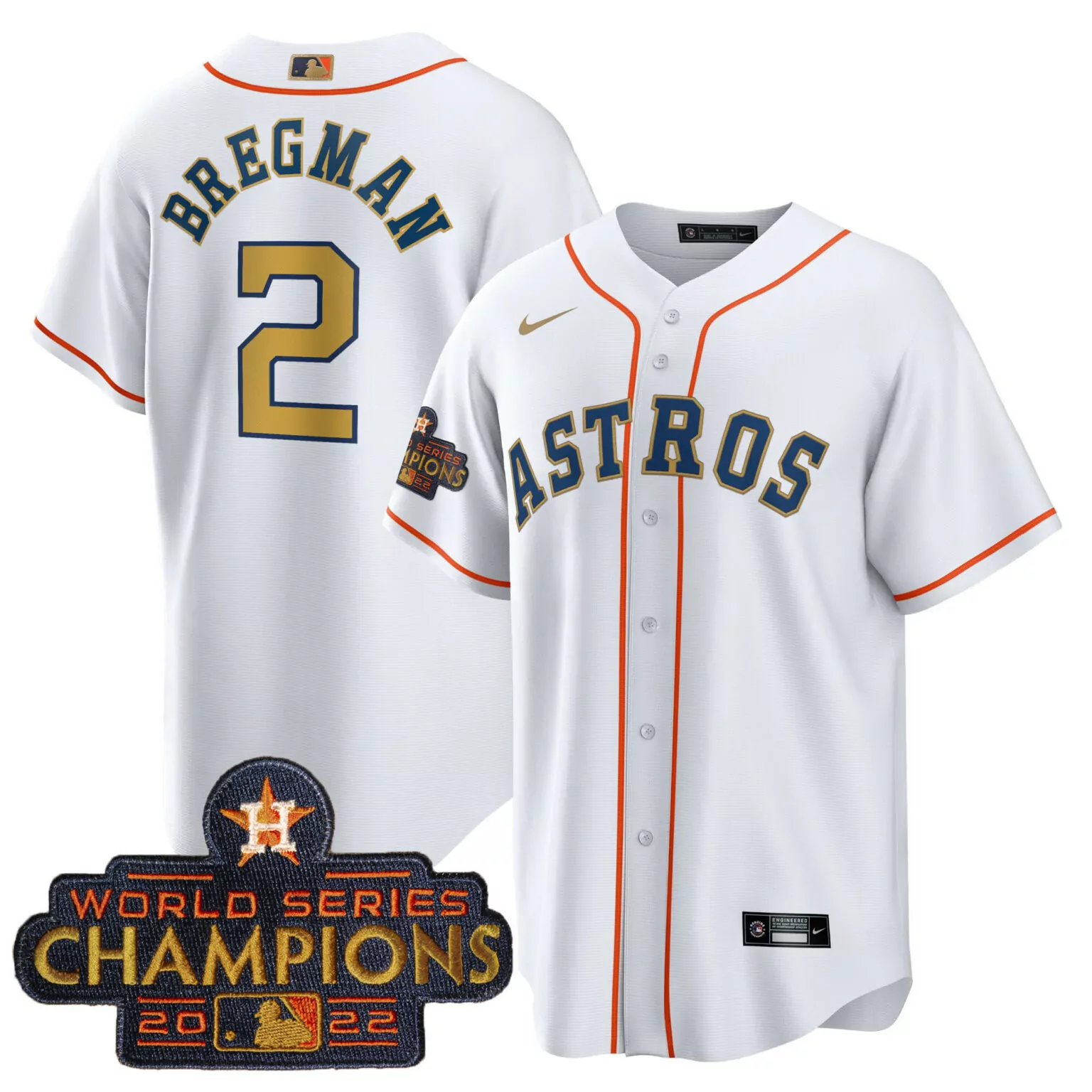 Alex Bregman 2 Astros Jersey White World Series Champions 2022 Men Orange Navy Gold