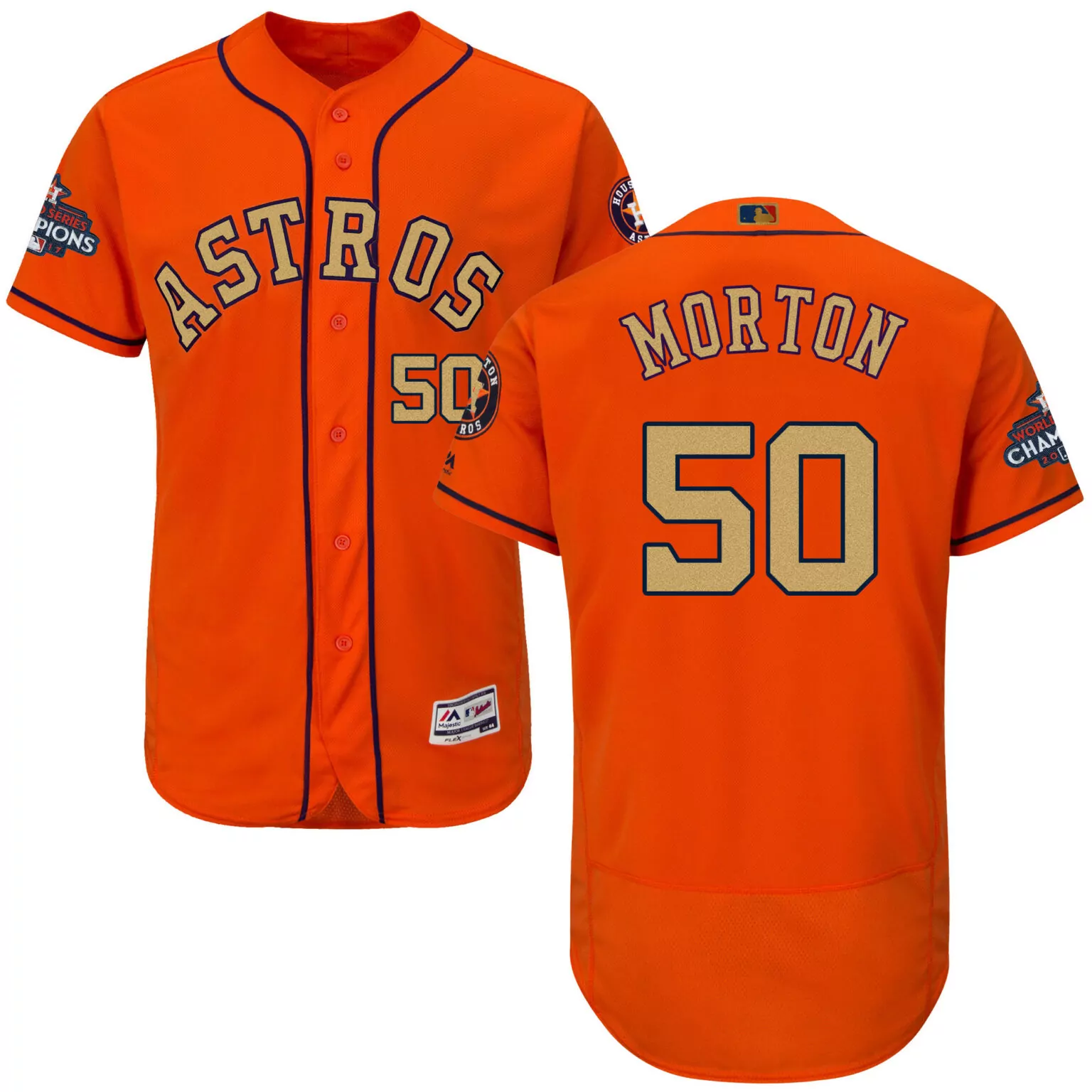 Charlie Morton 50 Astros Jersey Orange 2017 World Series Champions Men Navy Gold
