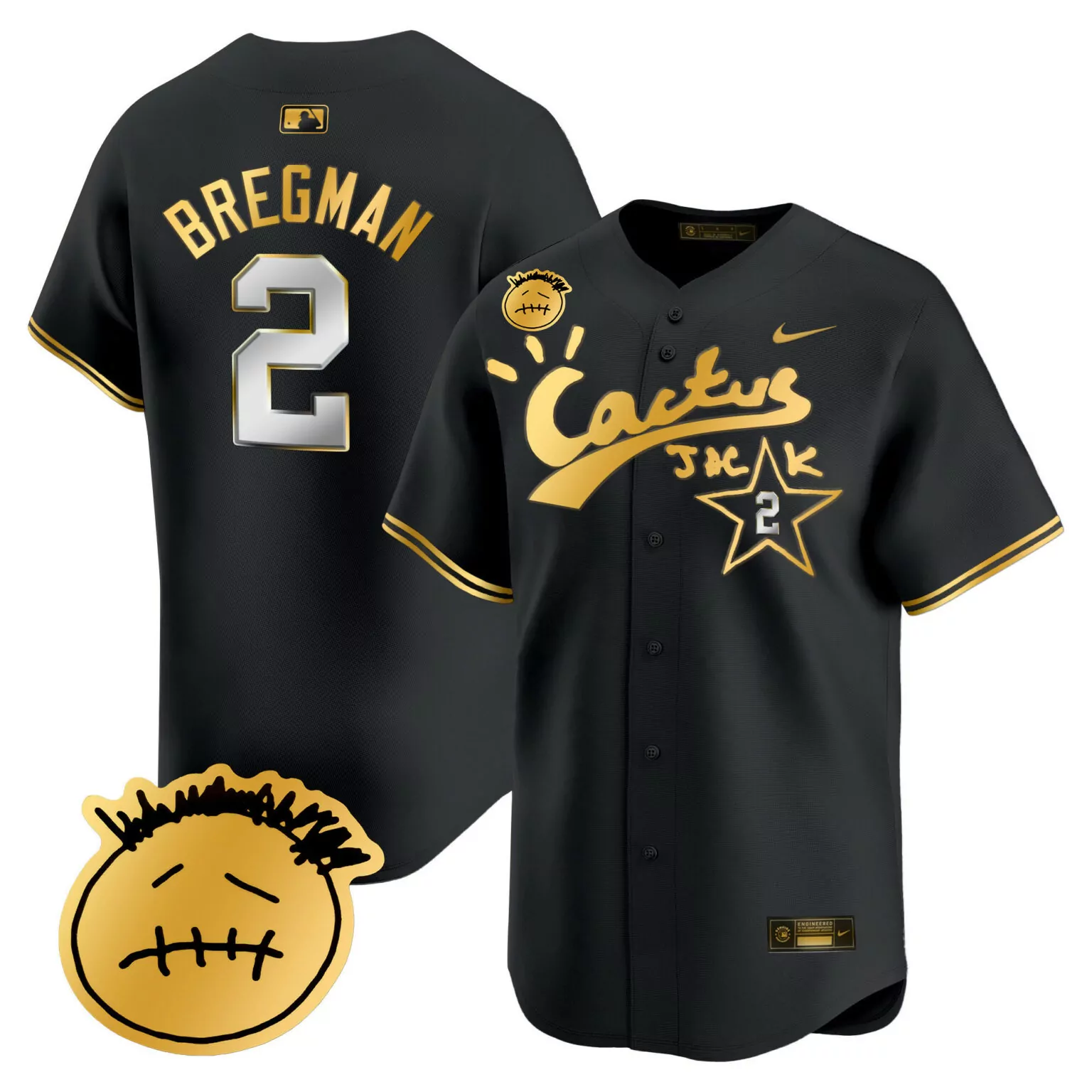 Alex Bregman 2 Houston Astros Jersey Black Cactus Jack Men Gold v5 Stitched