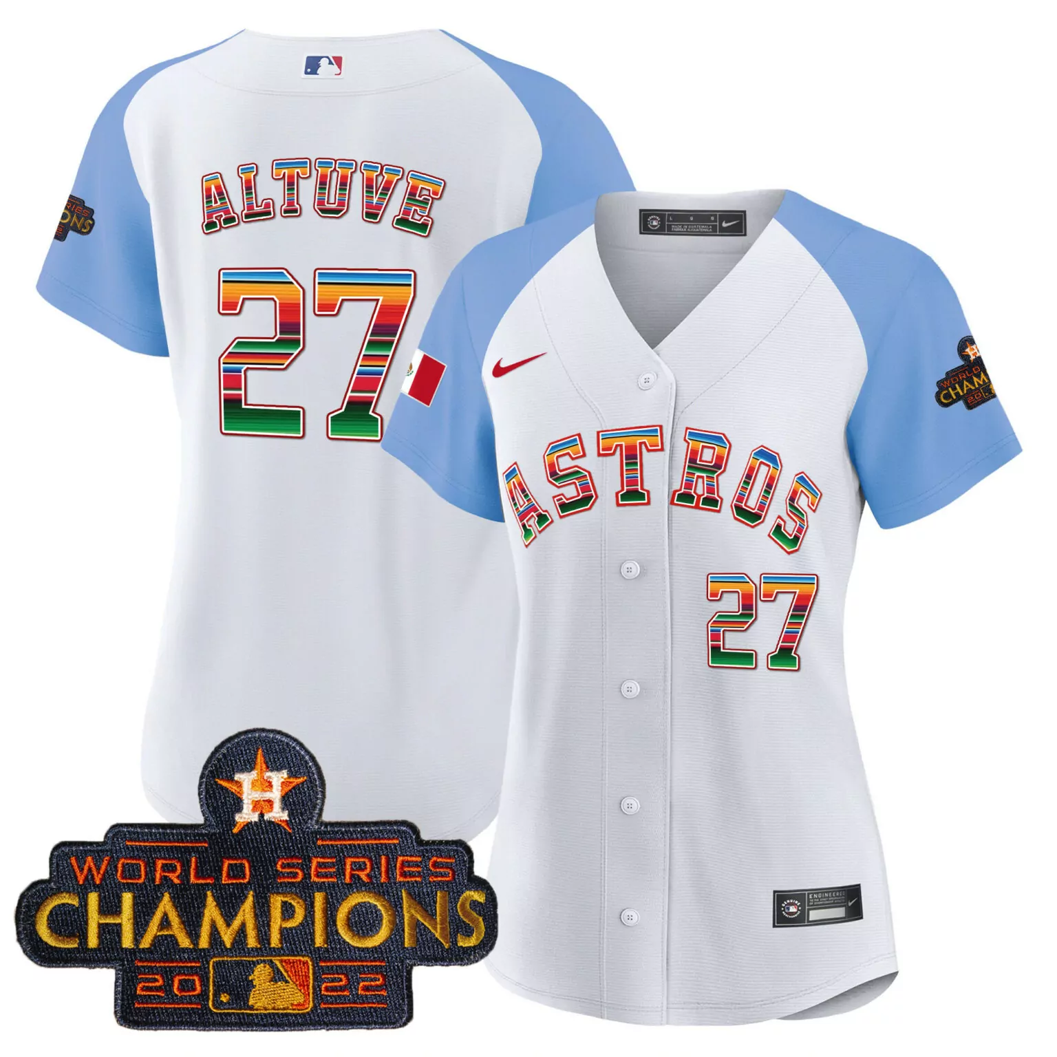 Jose Altuve 27 Astros Jersey White World Series Champions 2022 Men Alternate Light Blue