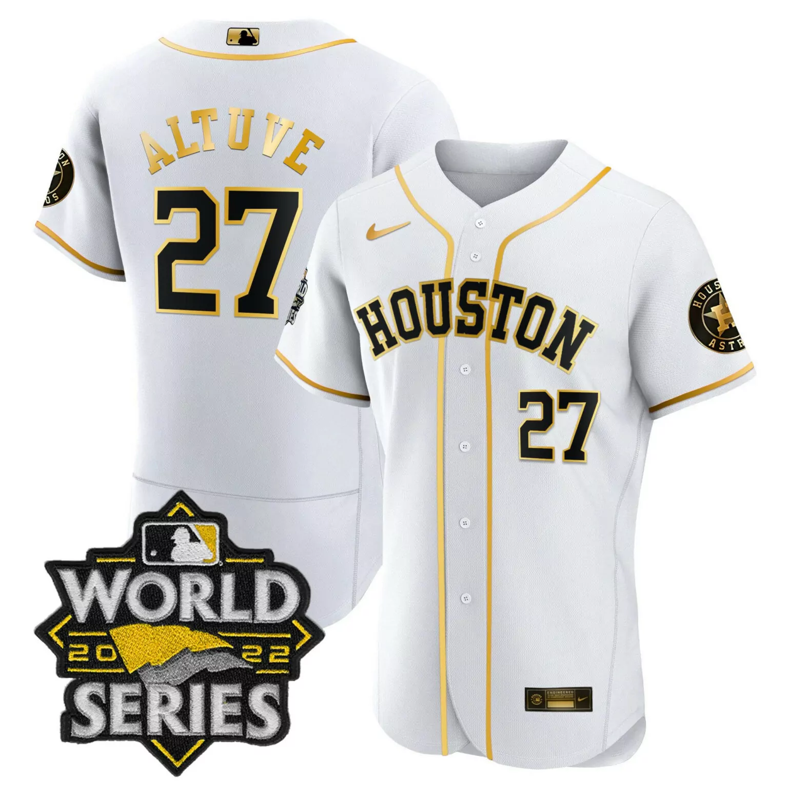 Jose Altuve 27 Houston Astros Jersey White World Series 2022 Men Gold Black Flex