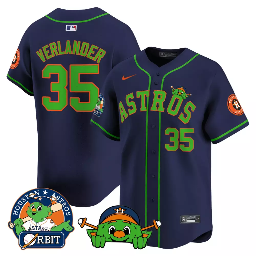 Justin Verlander 35 Astros Jersey Navy Orbit Men Green Orange Vapor Premier Limited