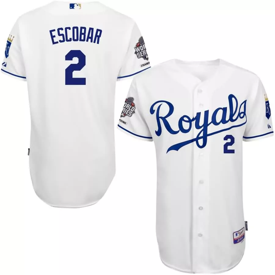 Jon Escobar 2 Royals Jersey White World Series Champions 2015 Men Blue Cool Base