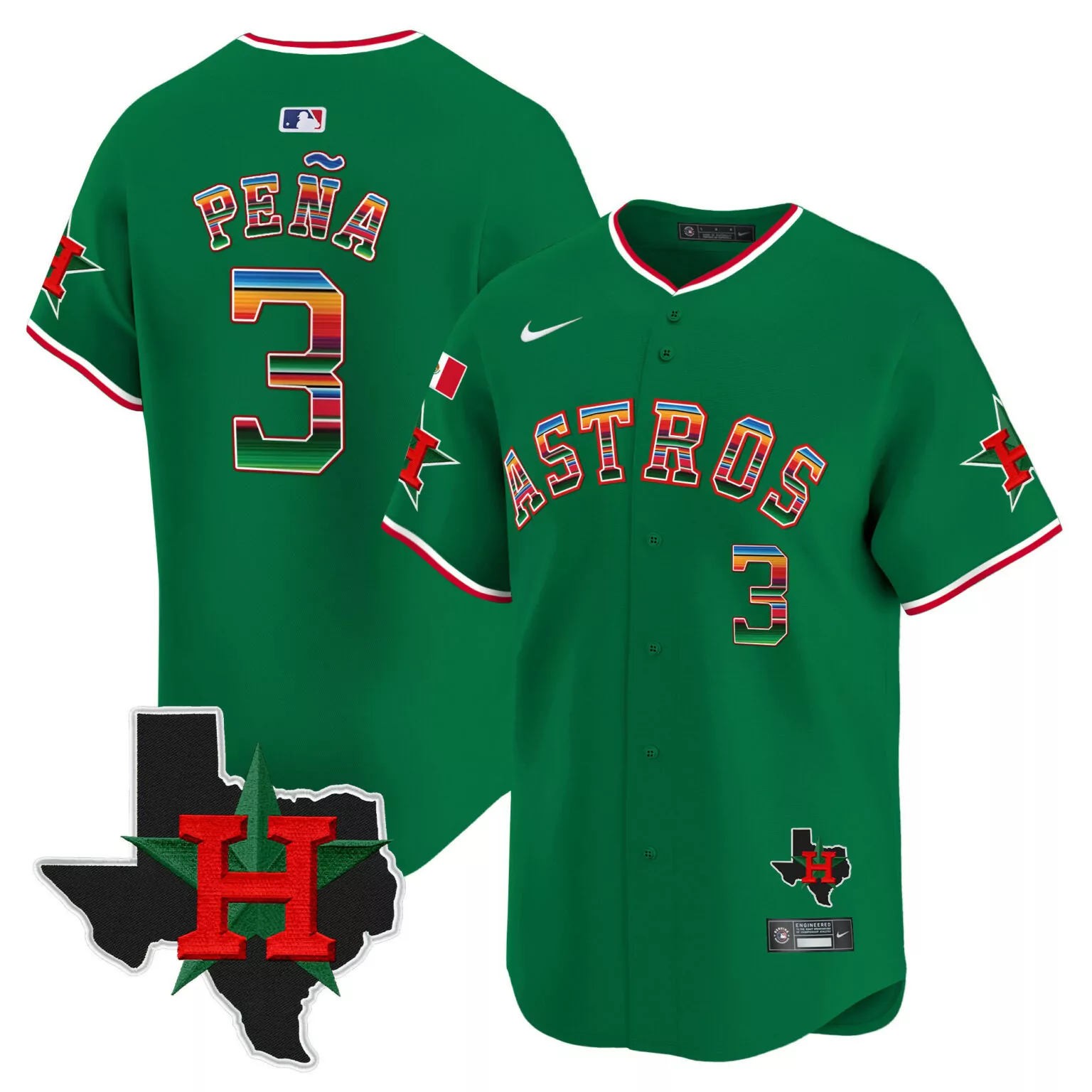 Jeremy Pena 3 Astros Jersey Green Cinco De Mayo Texas Outline Star Men Custom Design