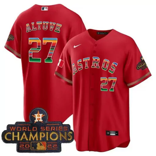 Altuve 27 Astros Jersey Red World Series Champions 2022 Men Button-down Gold Green