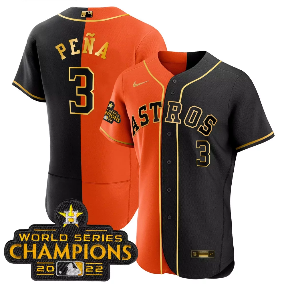 Peña 3 Astros Jersey Black World Series Champions 2022 Men Split Design Orange Gold