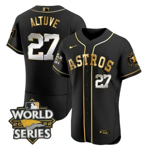 Jose Altuve 27 Astros Jersey Black World Series 2022 Men Gold Silver Flex All Stitched