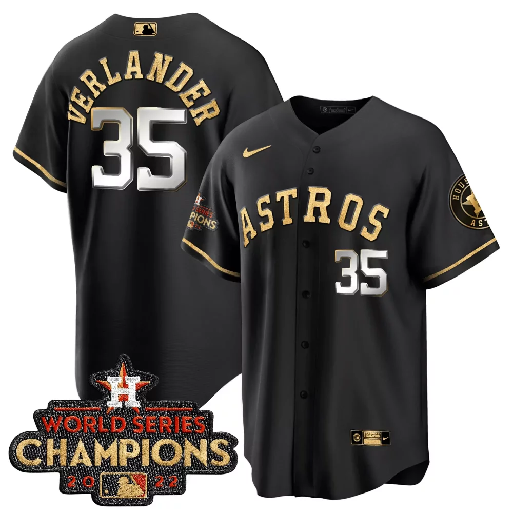 Justin Verlander 35 Astros Jersey Black World Series Champions 2022 Men Gold White