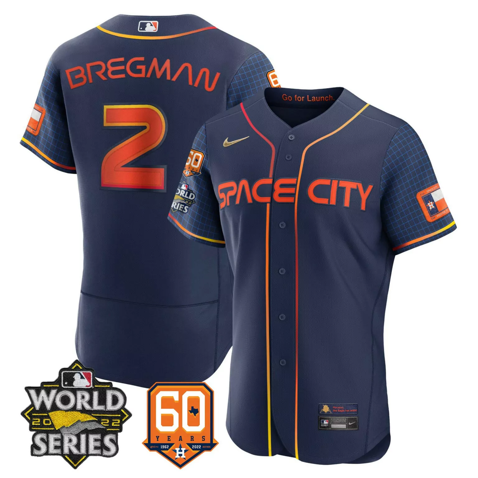 Alex Bregman 2 Houston Astros Jersey Navy Space City World Series 2022 60 Years 1962-2022