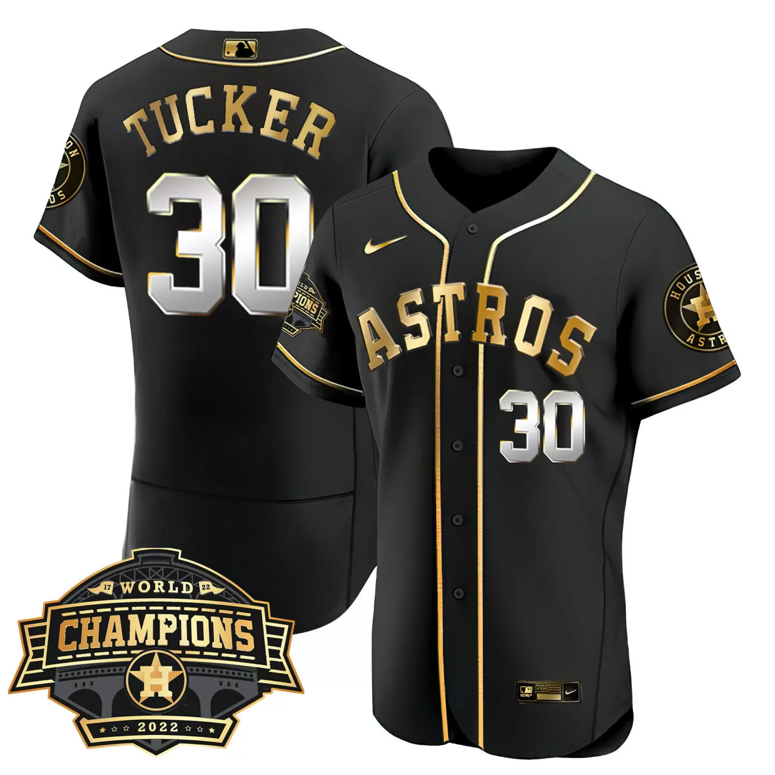 Kyle Tucker 30 Astros Jersey Black 2022 World Series Champions Men Gold Silver Flex
