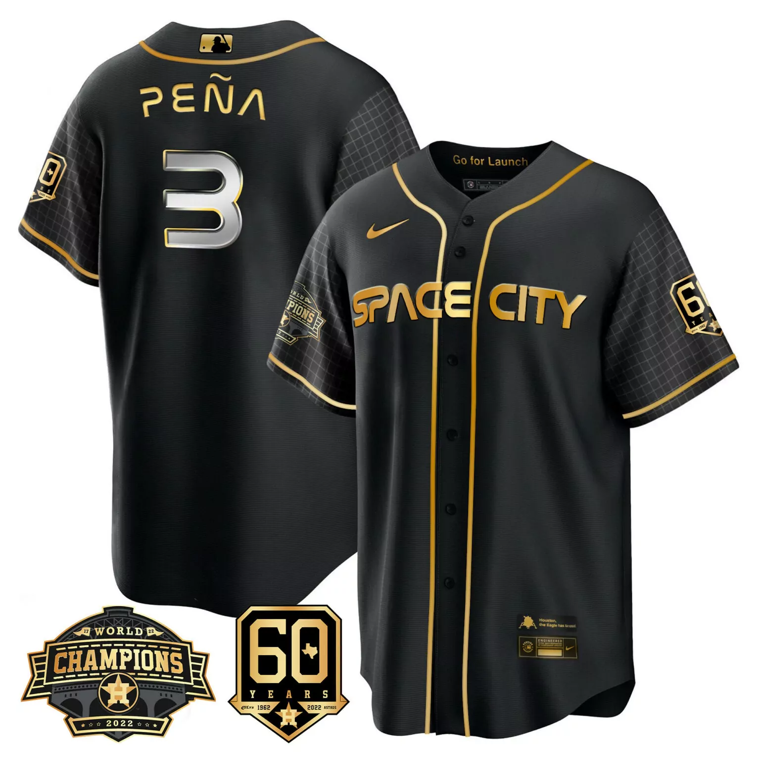 Jeremy Pena 3 Astros Jersey Black Space City World Champions 2022 60 Years 1962-2022
