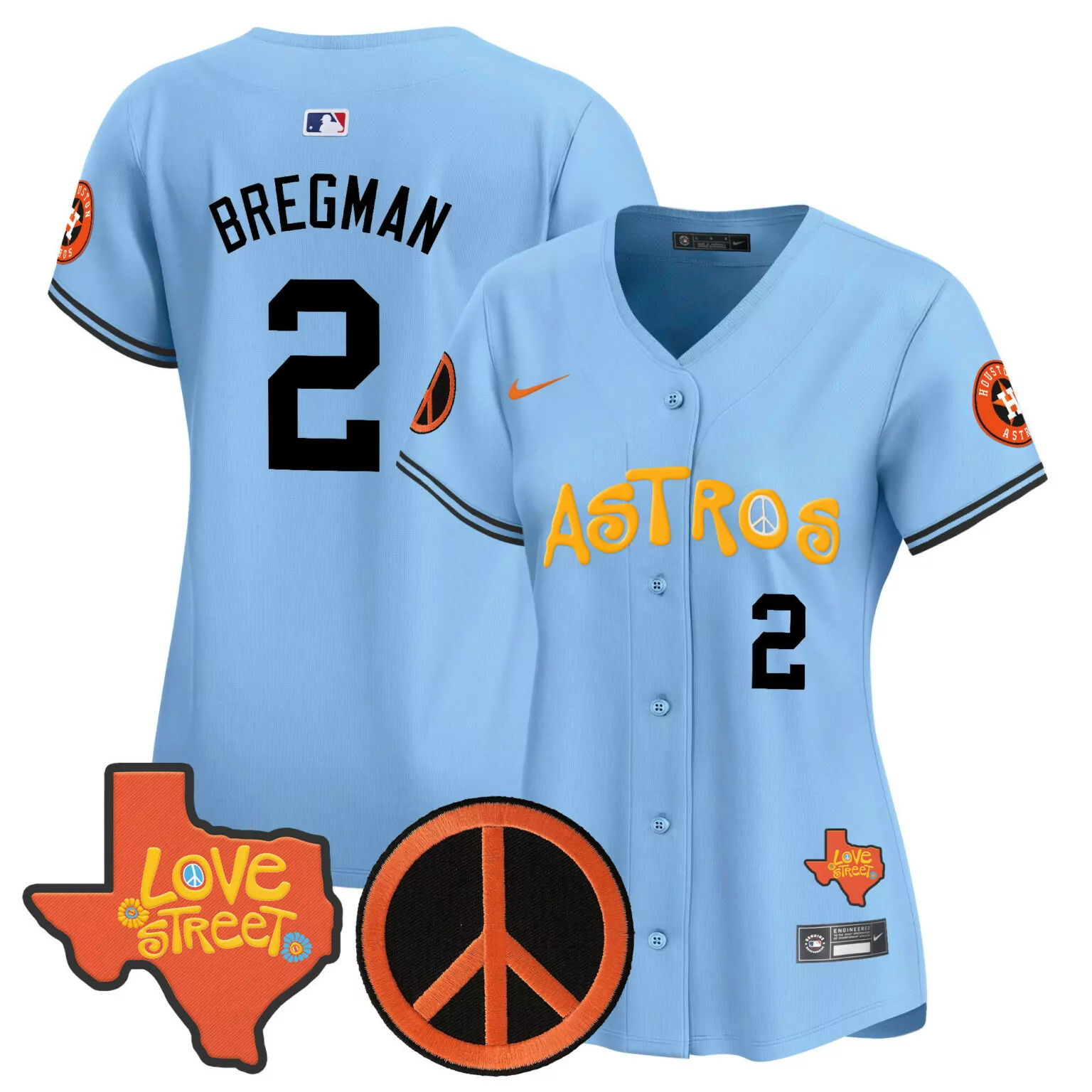 Alex Bregman 2 Astros Jersey Light Blue Love Street Texas Shape Peace Symbol Men