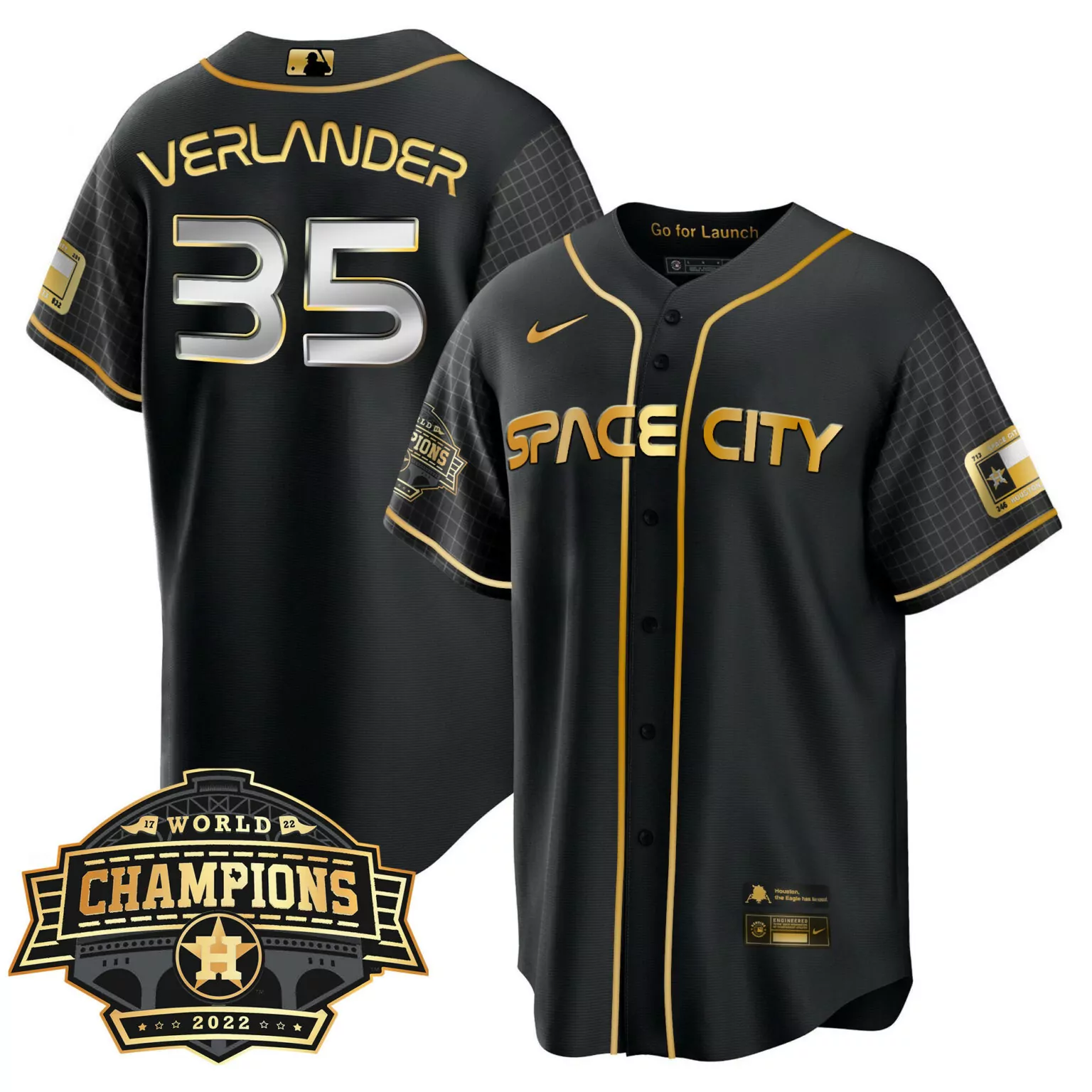 Justin Verlander 35 Jersey Black Space City Houston Astros World Champions 2022 Texas Flag