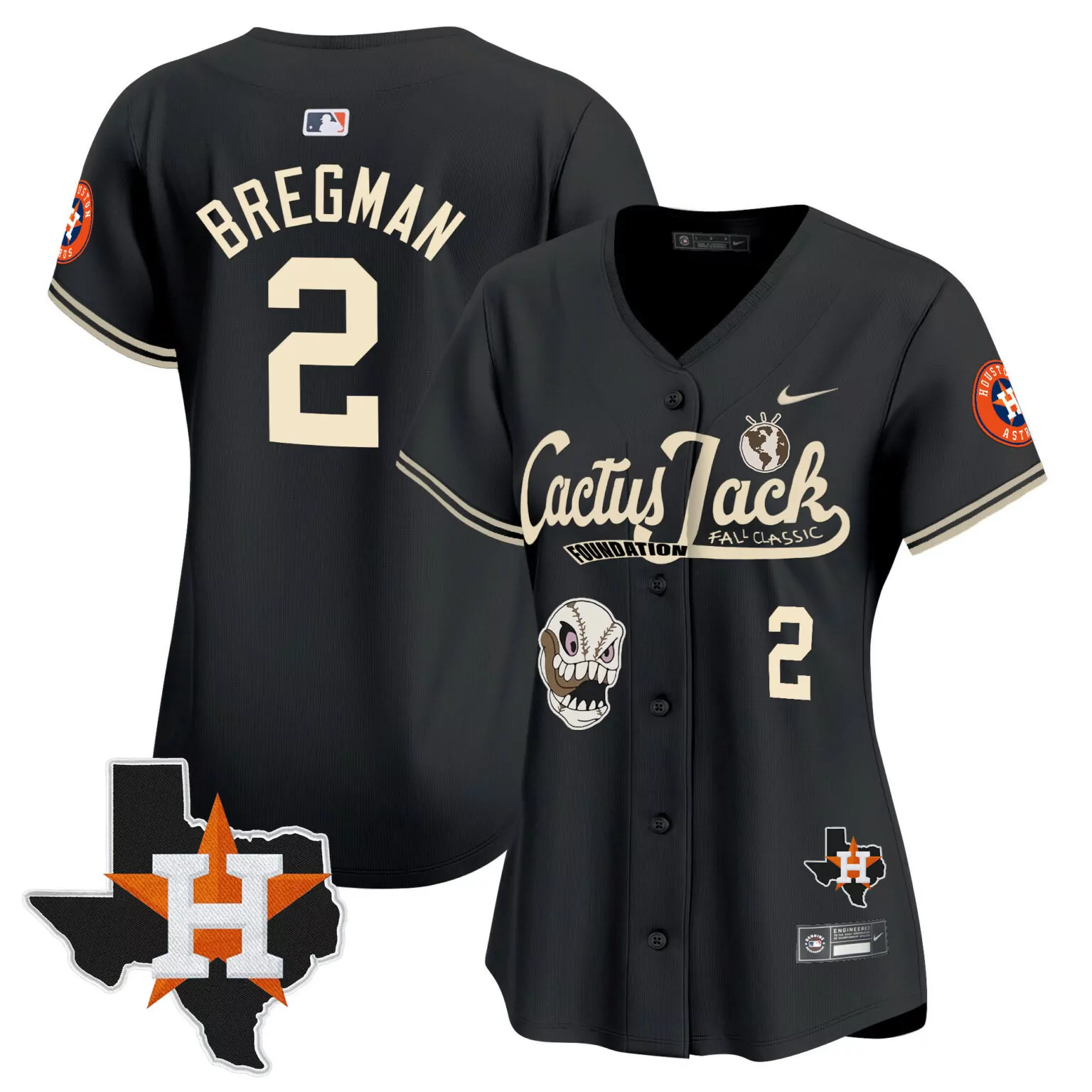 Alex Bregman 2 Houston Astros Jersey Black Cactus Jack Texas Map Women Cream Orange
