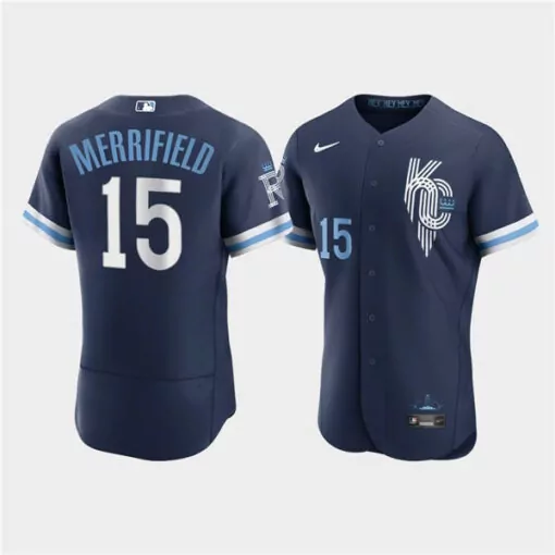 Whit Merrifield 15 Jersey Navy Blue City Connect Kansas Royals Men Split Design White
