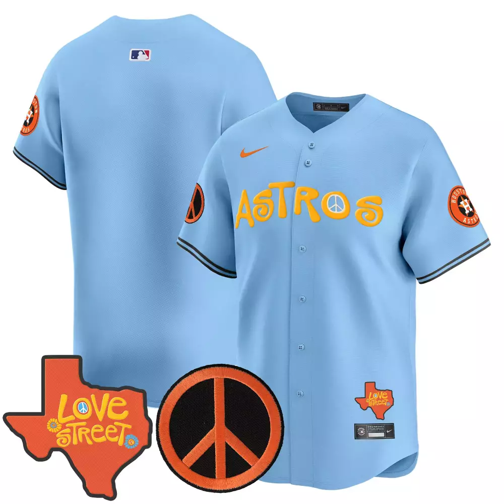 Justin Verlander Houston Astros Jersey Light Blue Love Street Texas Shaped Peace Sign 2024