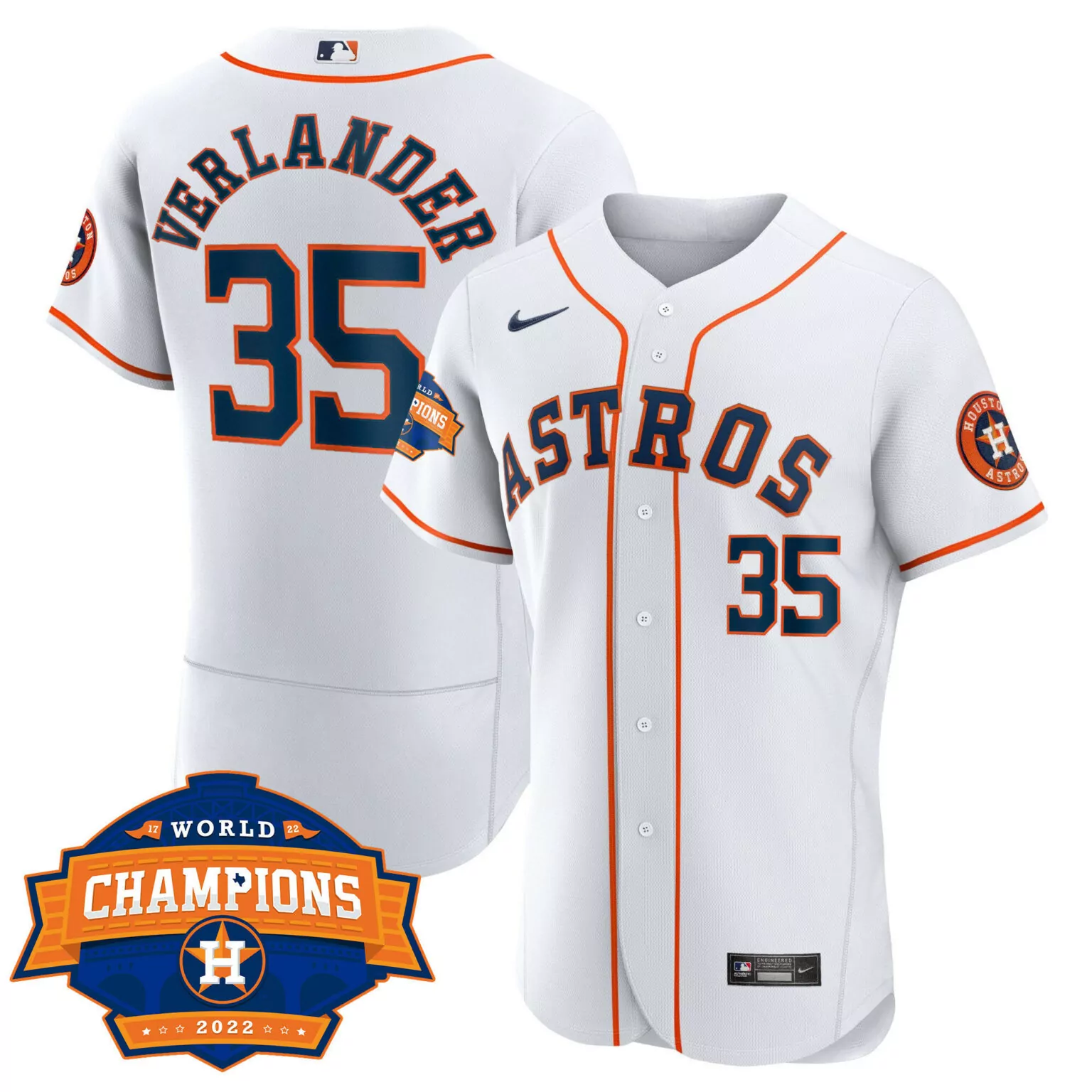 Justin Verlander 35 Astros Jersey White 2022 World Series Champions Men Orange Navy