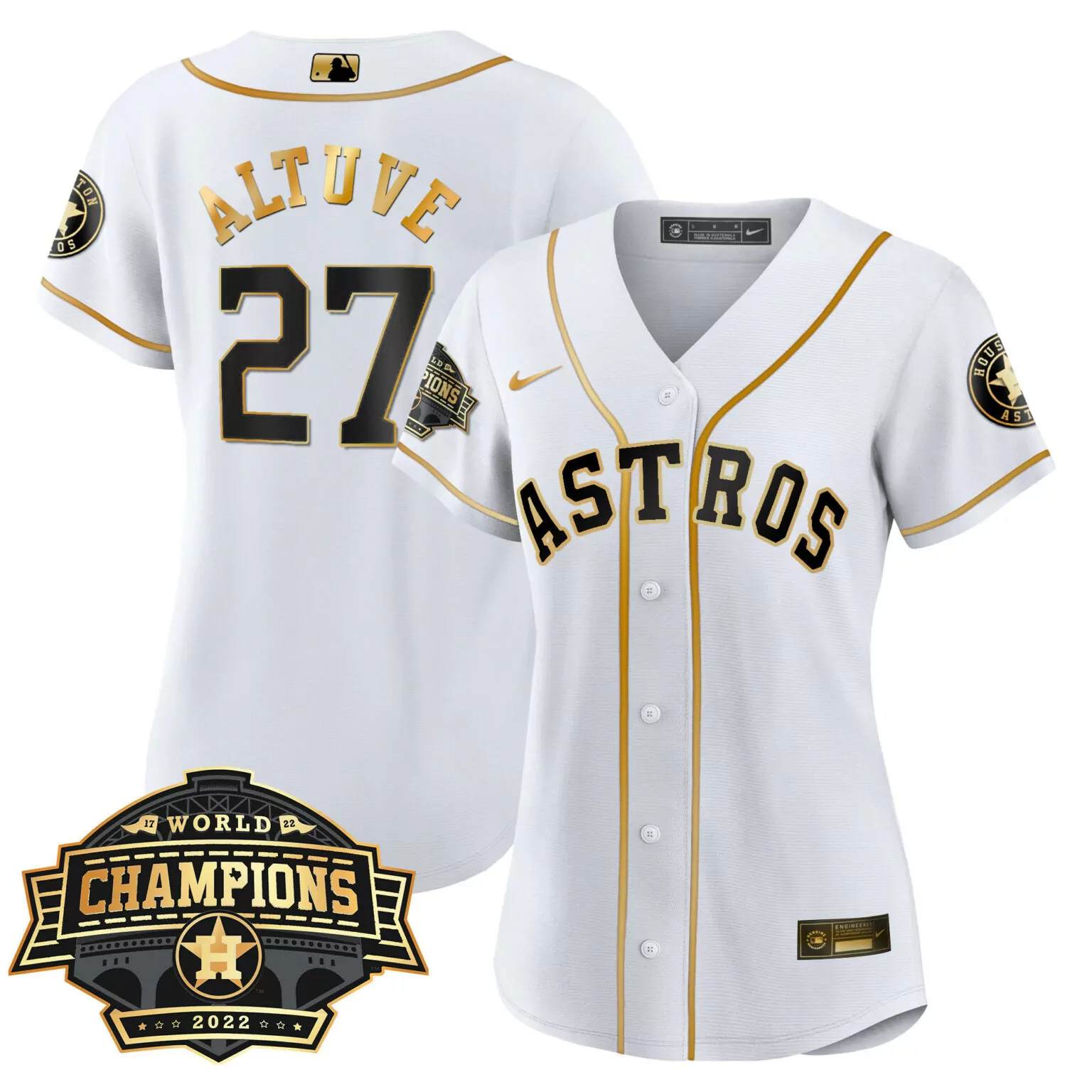 Jose Altuve 27 Astros Jersey White World Series Champions 2022 Houston Men Gold Black