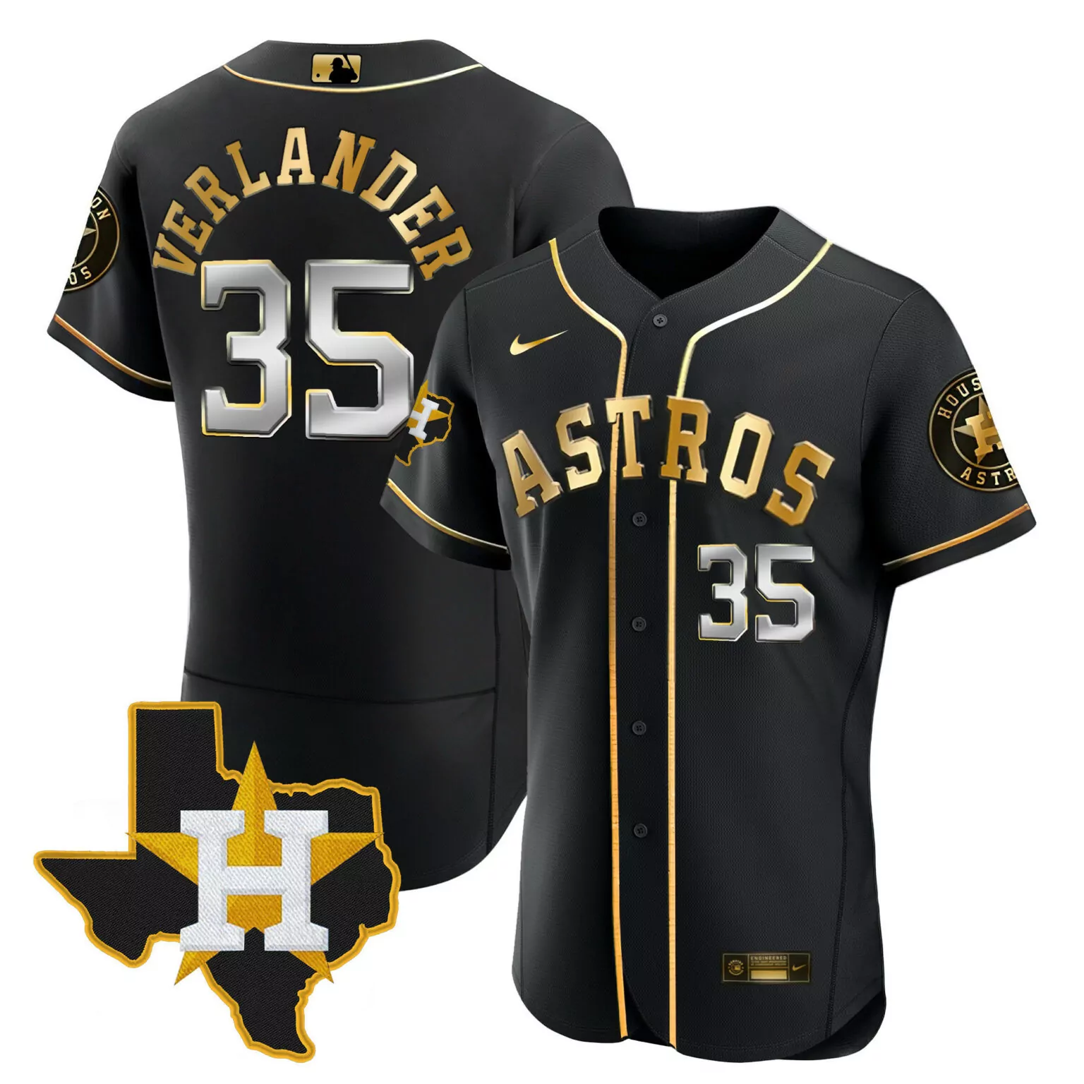 Justin Verlander 35 Astros Jersey Black Houston Texas Outline Men Gold Silver Flex