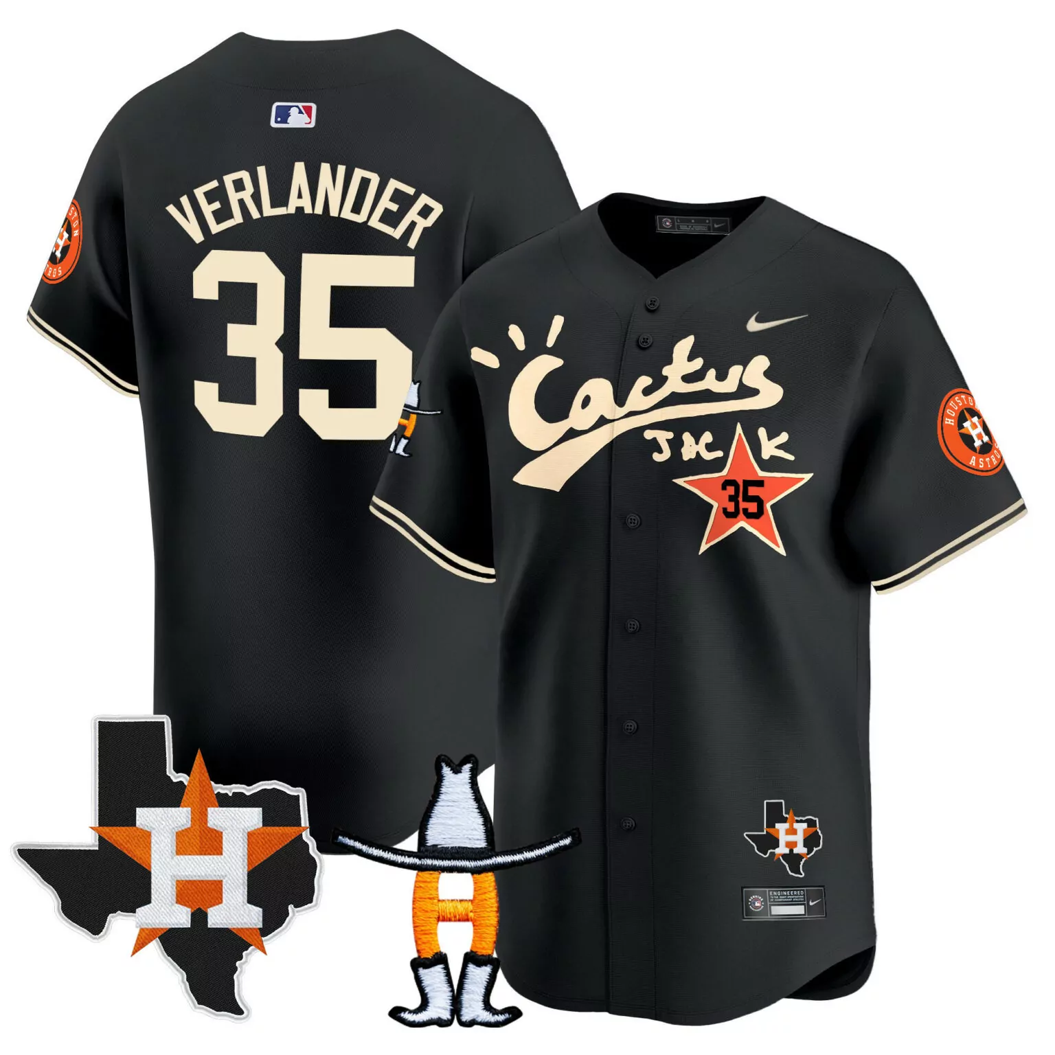 Justin Verlander 35 Jersey Black Cactus Jack Houston Astros Texas Shape Star Taco/chili Pepper Mascot