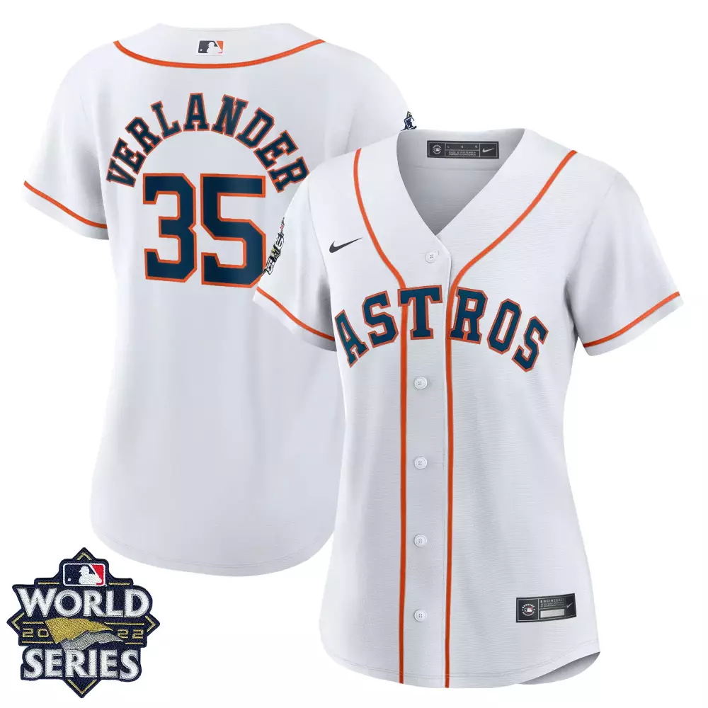 Justin Verlander 35 Astros Jersey White World Series 2022 Women Orange Navy Flex