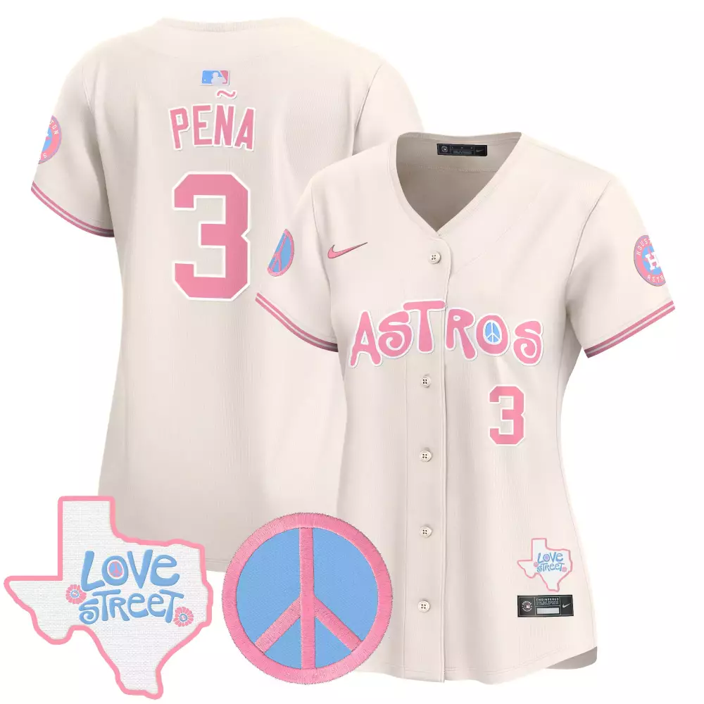 Peña 3 Astros Jersey Cream Love Street Texas Peace Sign Women Pink Light Blue Vapor