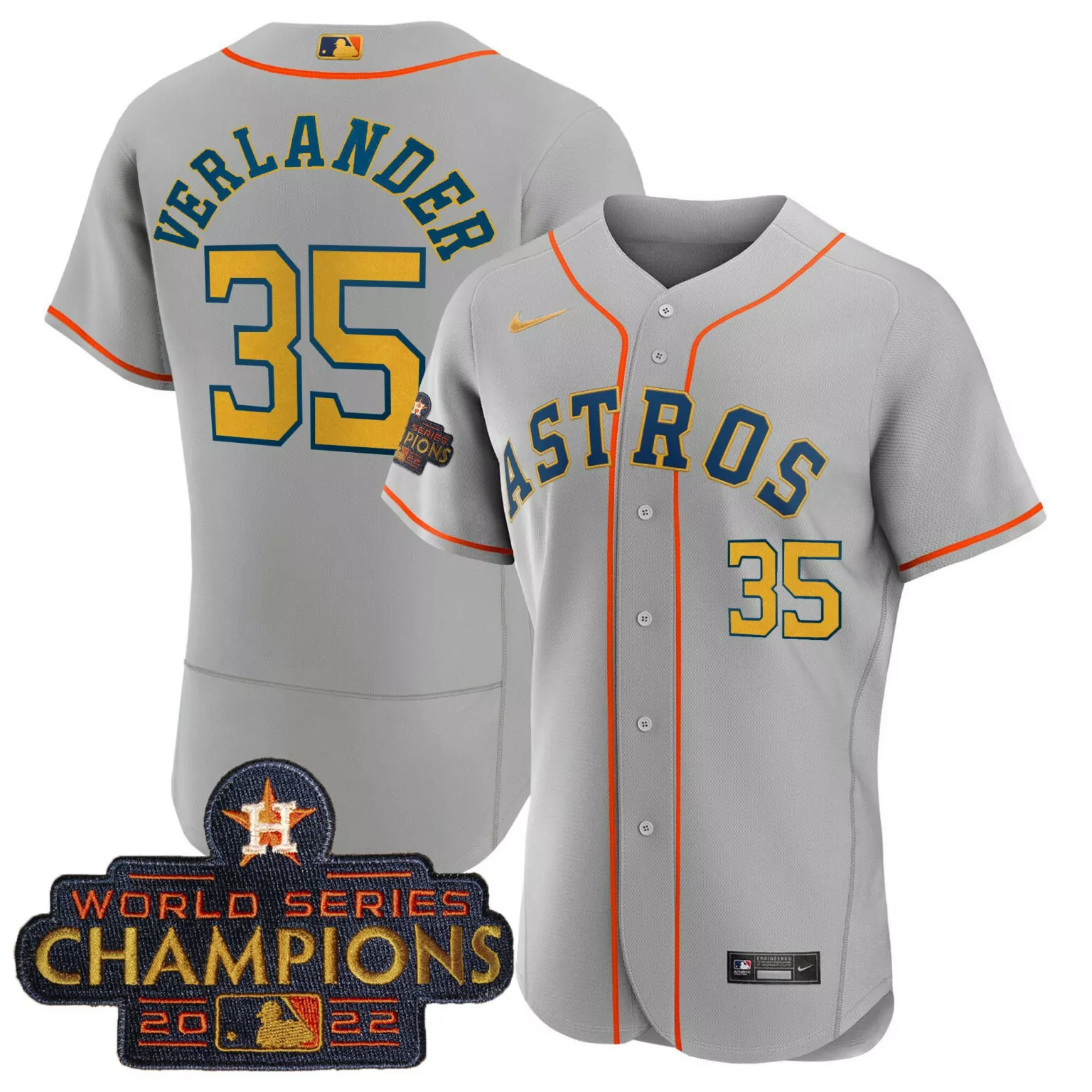 Justin Verlander 35 Astros Jersey Gray World Series Champions 2022 Men Orange Navy Blue