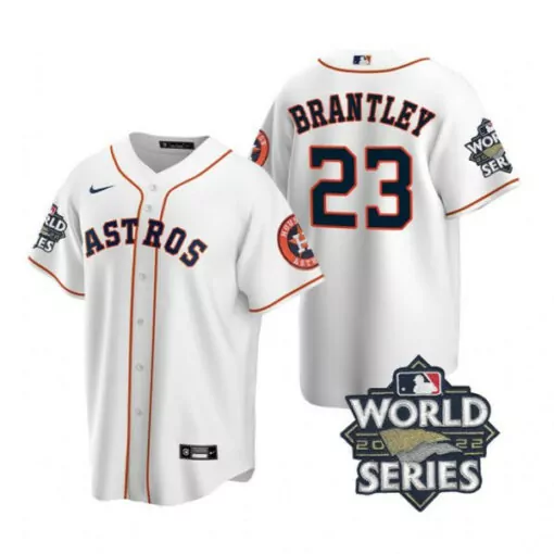 Michael Brantley 23 Astros Jersey White World Series 2022 Men Orange Navy Cool Base