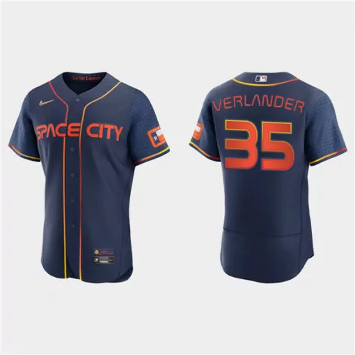 Justin Verlander 35 Jersey Navy Space City Houston Astros Men Orange Yellow Flex