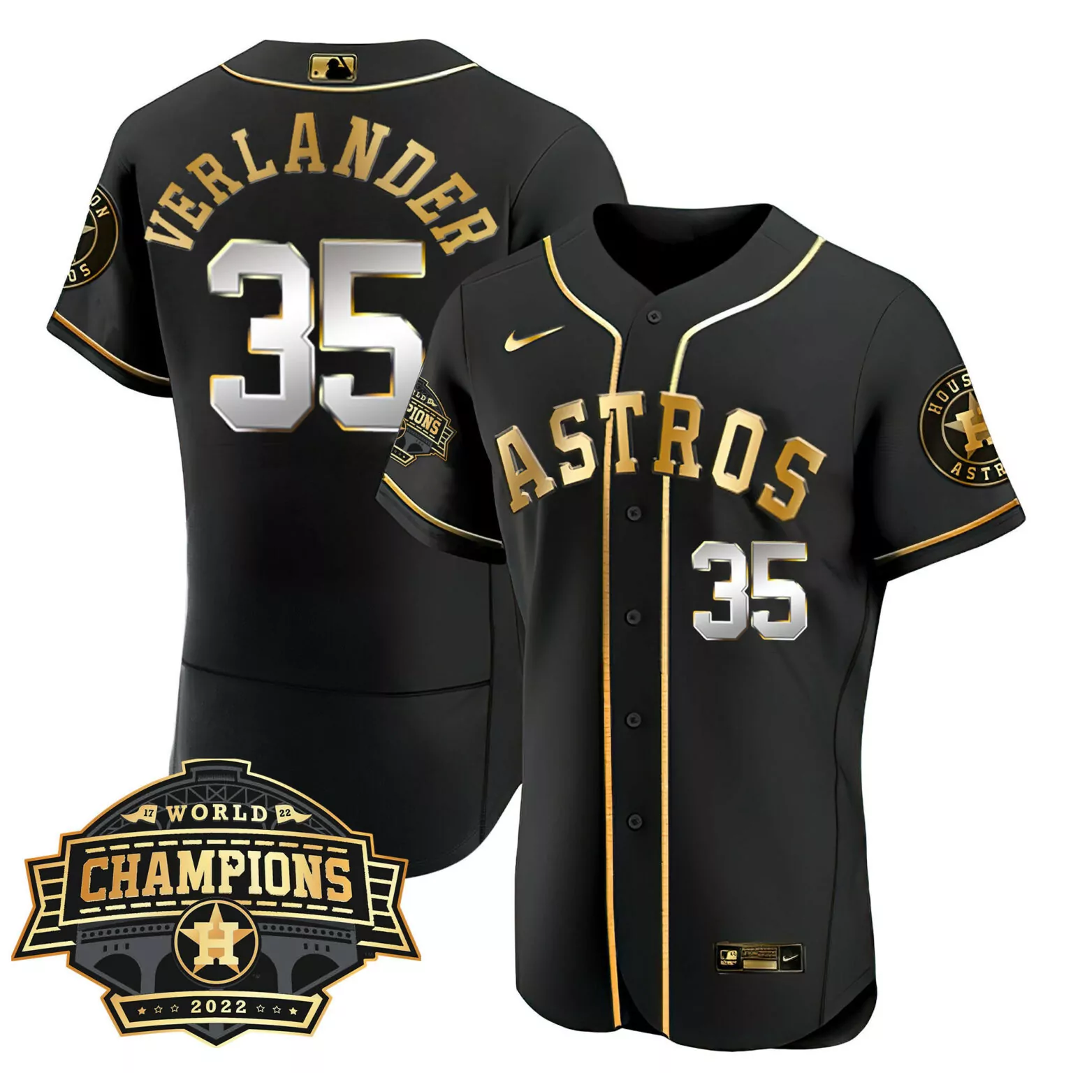 Justin Verlander 35 Astros Jersey Black World Series Champions 2022 Men Gold Silver