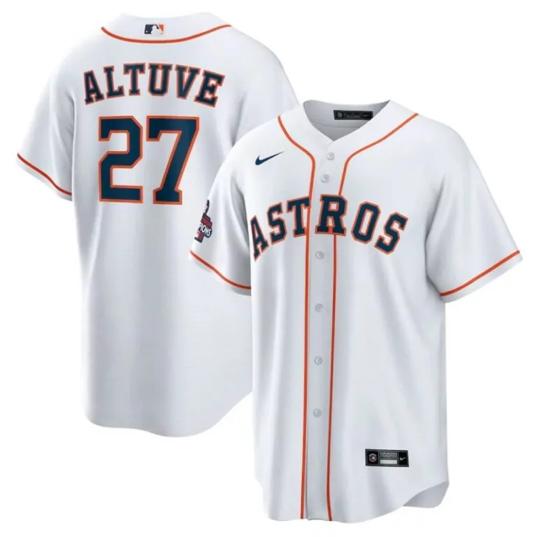 Jose Altuve 27 Astros Jersey White World Series Champions Men Orange Navy Home