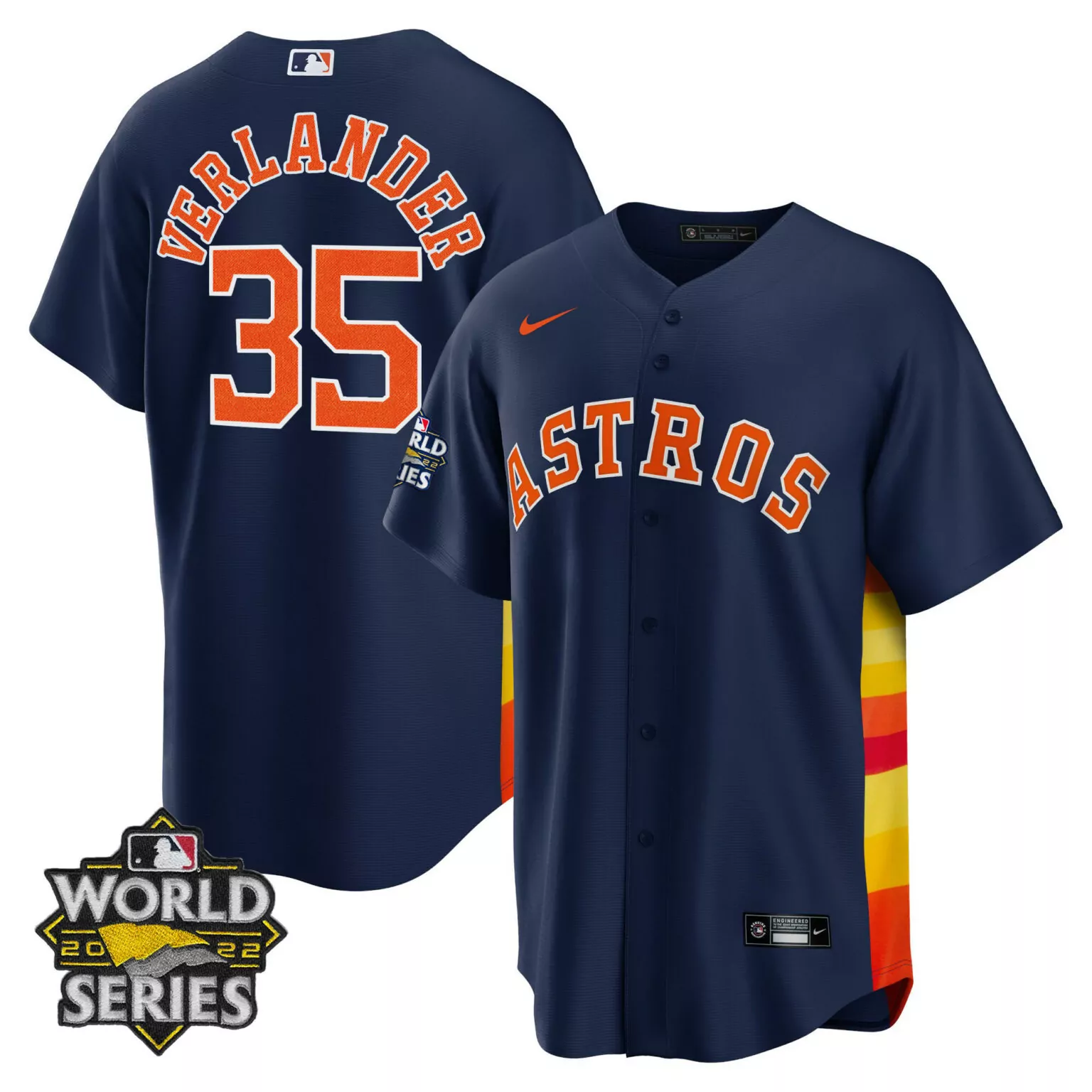 Justin Verlander 35 Astros Jersey Navy 2022 World Series Men Split Design Orange
