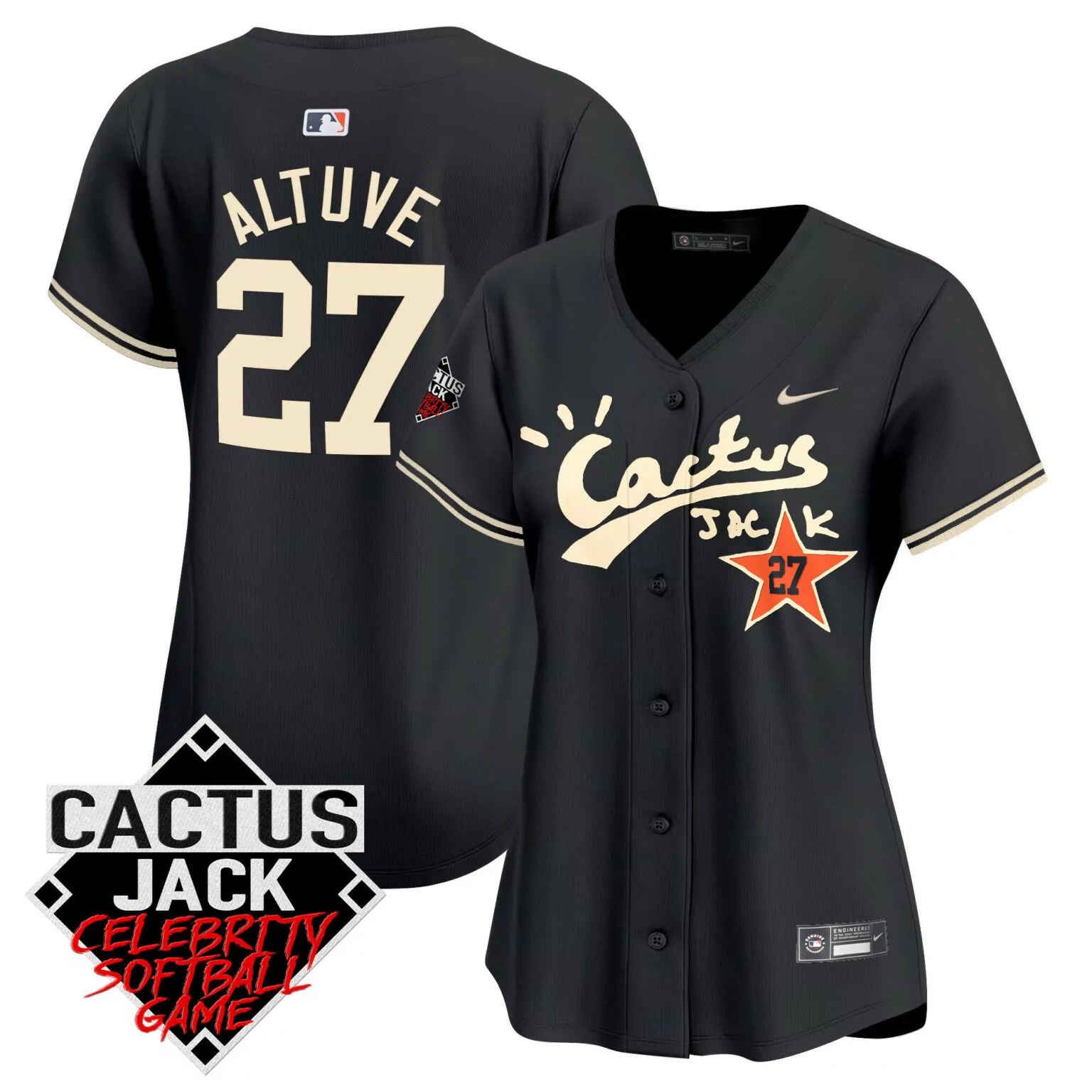 Jose Altuve 27 Astros Jersey Black Cactus Jack Men Cream Orange Game v2 All Stitched