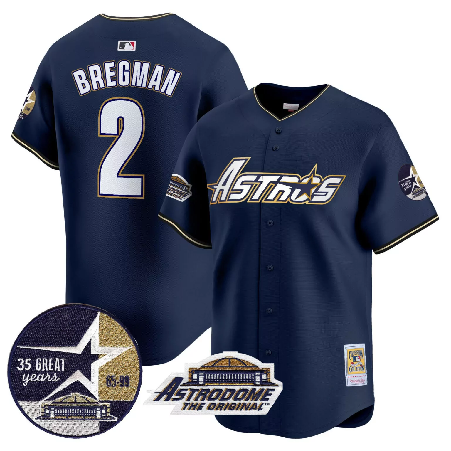Alex Bregman 2 Astros Jersey Navy 35 Great Years Astrodome Original Men Gold White