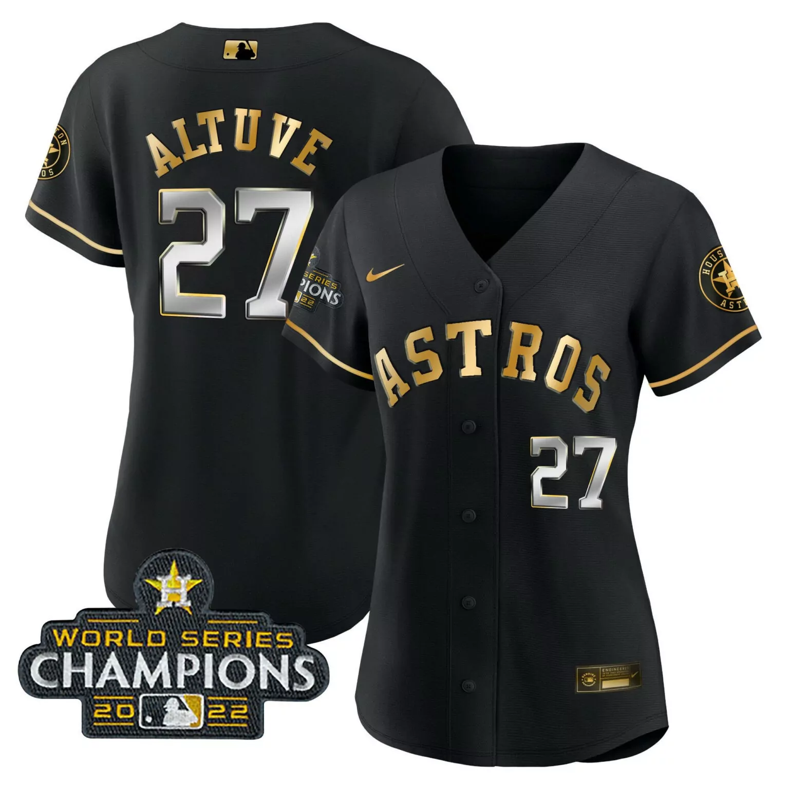 Jose Altuve 27 Astros Jersey Black World Series Champions 2022 Men Gold Silver Cool
