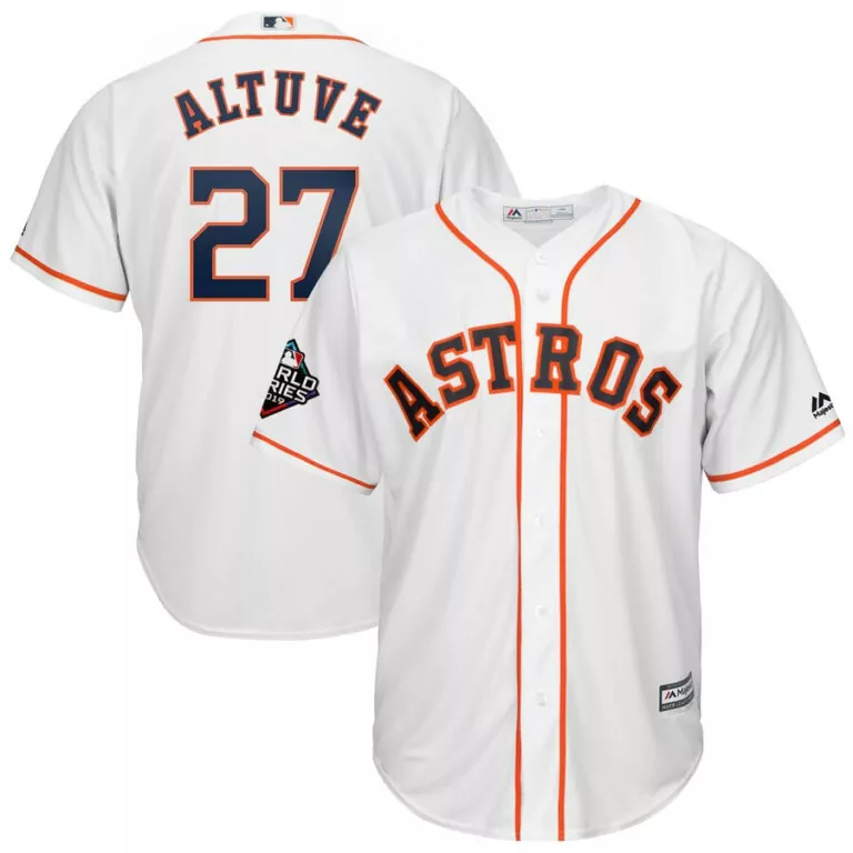 Jose Altuve 27 Astros Jersey White World Series 2019 Men Orange Navy Cool Base