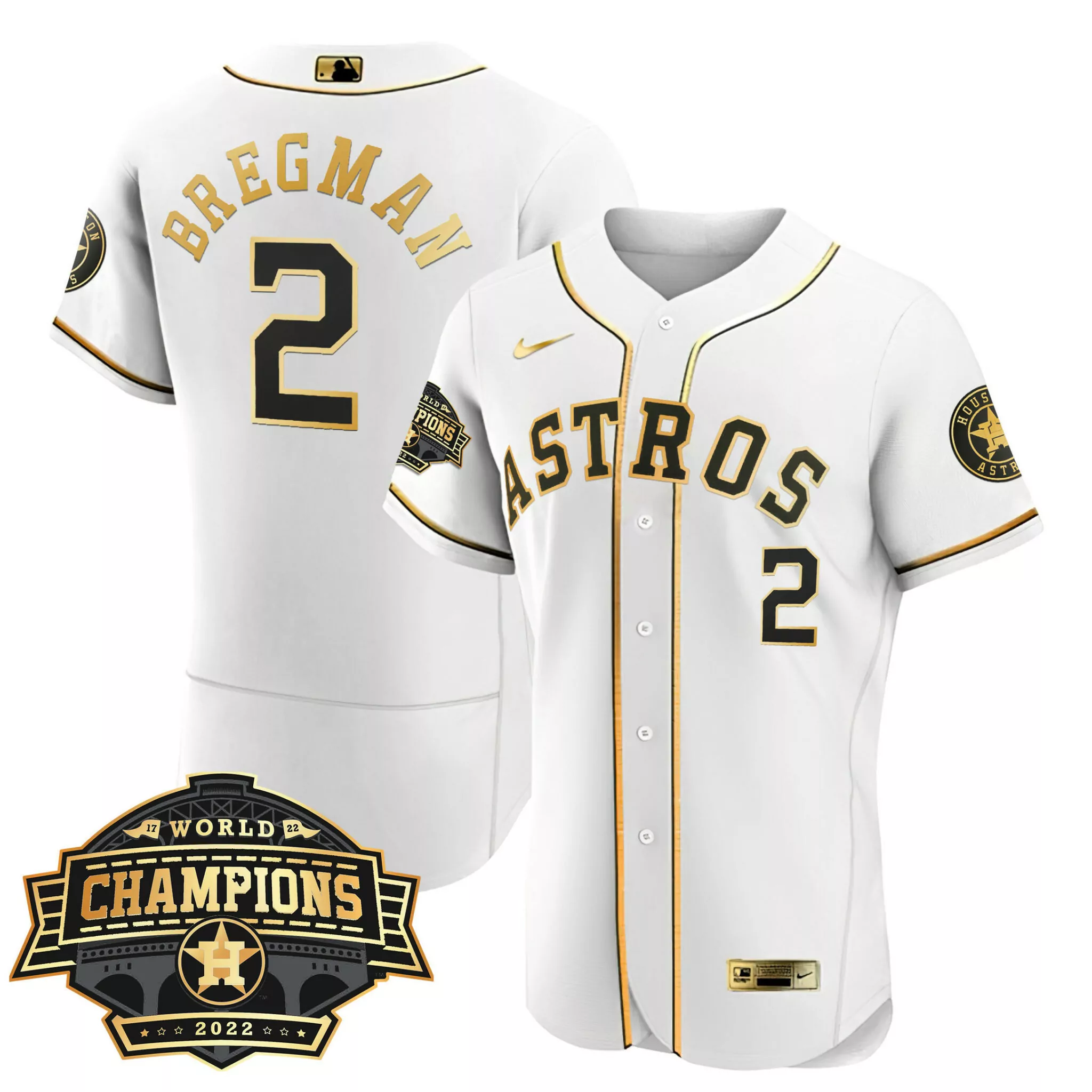 Alex Bregman 2 Astros Jersey White 2022 World Series Champions Men Gold Black Flex