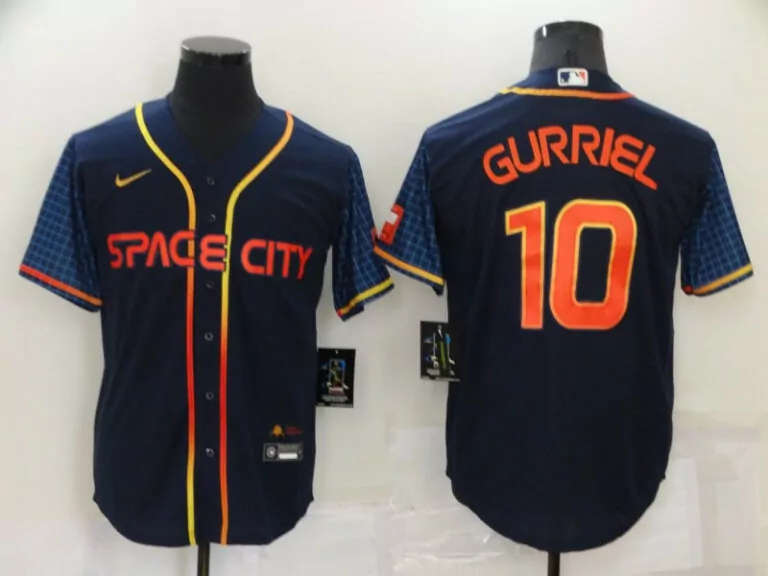 Yuli Gurriel 10 Space City Jersey Navy Blue Men Split Design Orange Yellow Cool Base