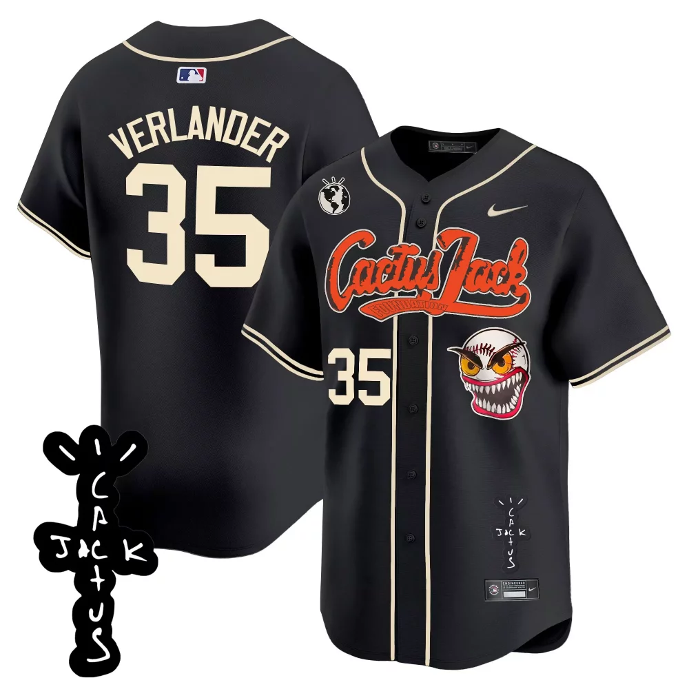 Justin Verlander 35 Astros Jersey Black Cactus Jack World Globe Eyeball Men Cream