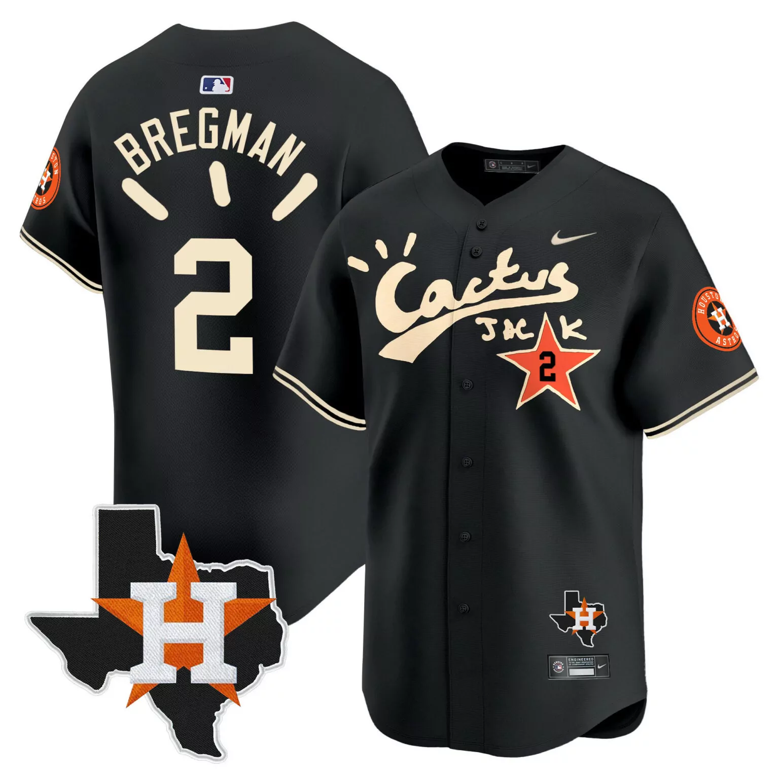 Alex Bregman 2 Houston Astros Jersey Black Cactus Jack Texas Outline Men Cream Orange