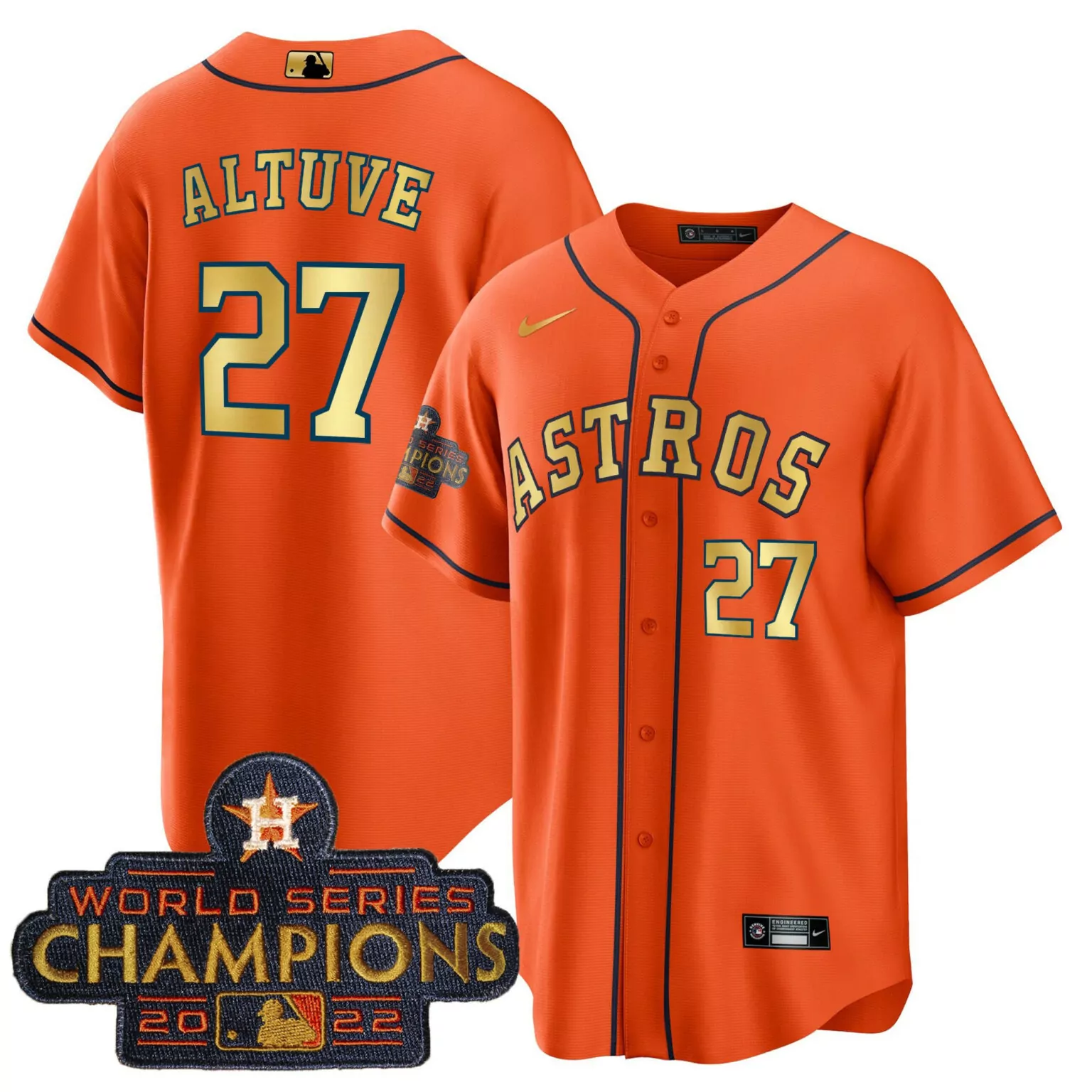 Jose Altuve 27 Astros Jersey Orange World Series Champions 2022 Men Navy Blue Gold