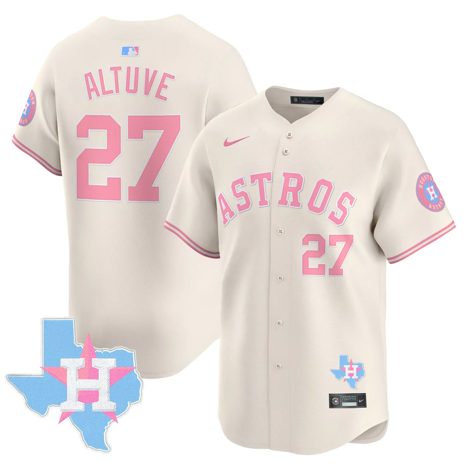 Jose Altuve 27 Astros Jersey Cream Houston Texas Map Men Alternate Pink Light Blue