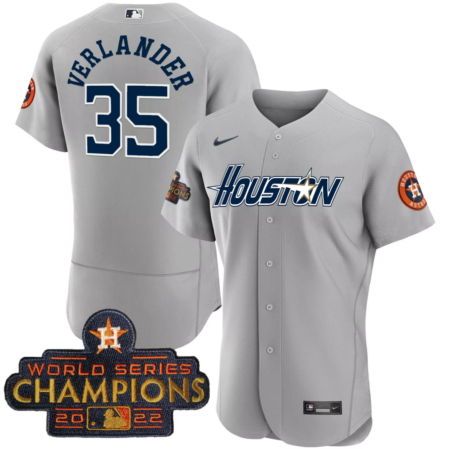 Justin Verlander 35 Jersey Gray 2022 World Series Champions Houston Astros Men Navy