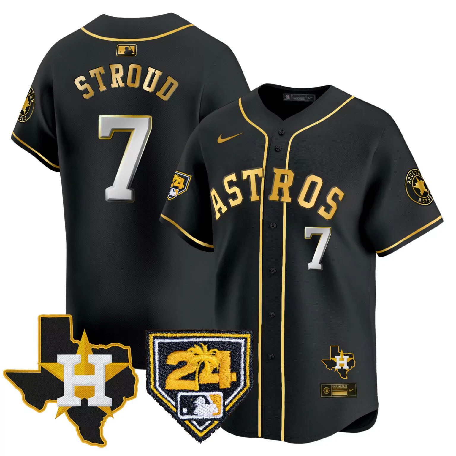 Cj Stroud 7 Astros Jersey Black 2024 Houston Texas Men Gold White All Stitched